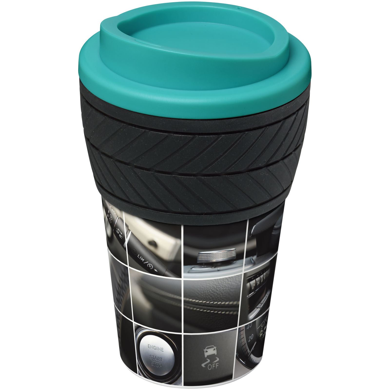 Brite-Americano® 350 ml Isolierbecher mit Schutzring Reifen-Design aquablau