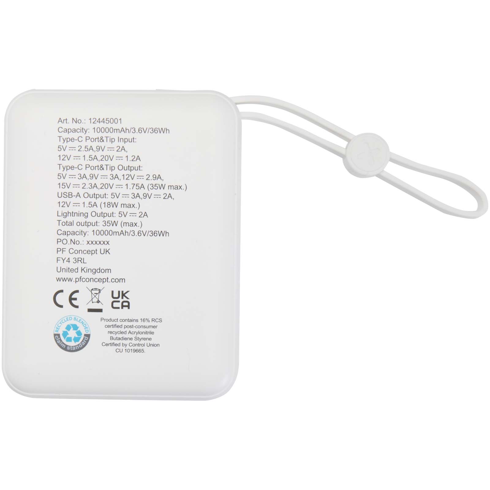 Acrux 35 W 10.000 mAh Tablet Powerbank mit integriertem Typ-C-Kabel aus recyceltem Kunststoff weiss