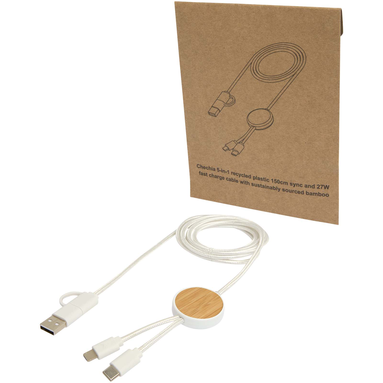 Chechia 150 cm 5-in-1 Kabel aus recyceltem Kunststoff für Datenübertragung und 27W Schnellladung mit Bambusdetails weiss