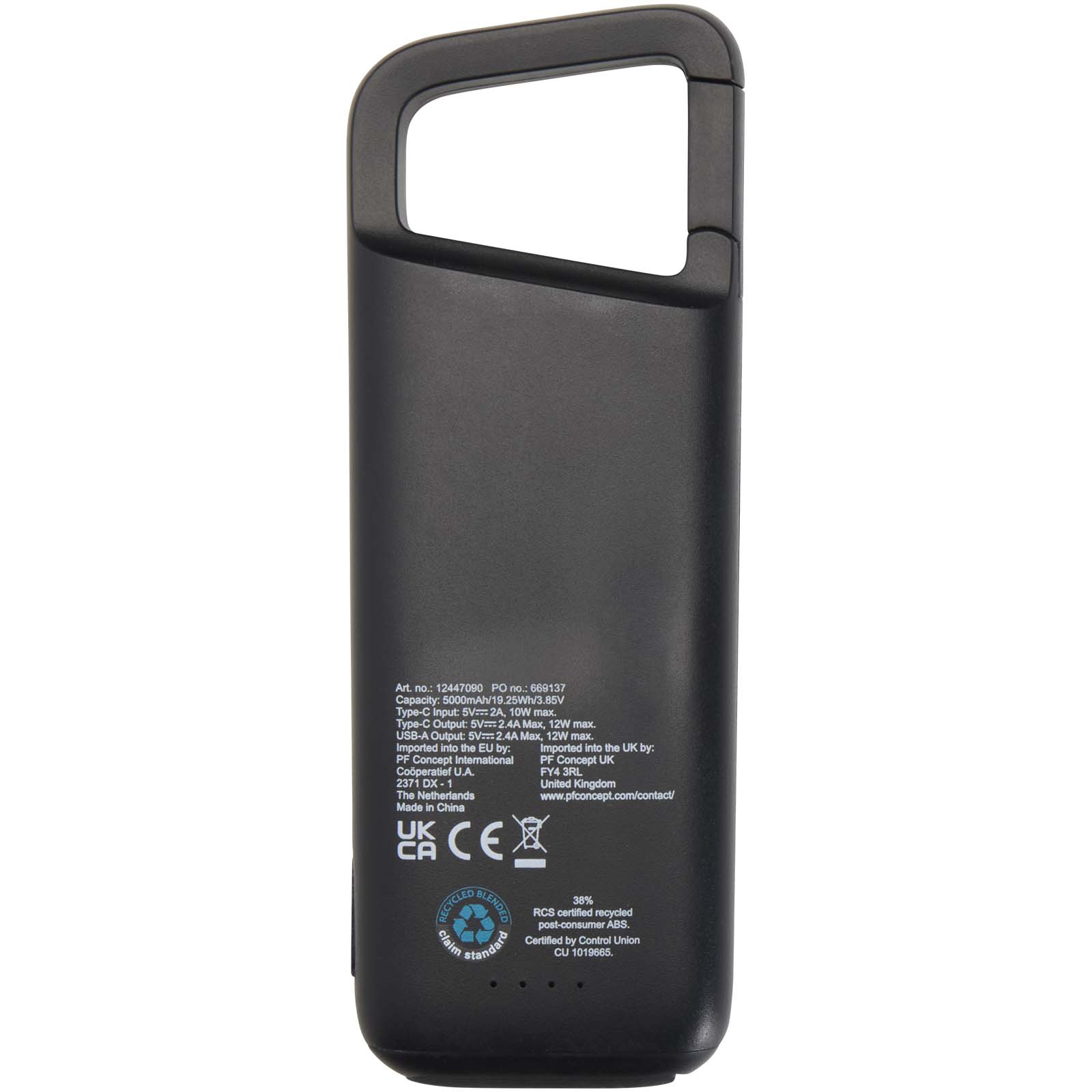 Alkes 12 W 5.000 mAh wasserfeste Powerbank aus recyceltem Kunststoff mit Karabinerhaken schwarz