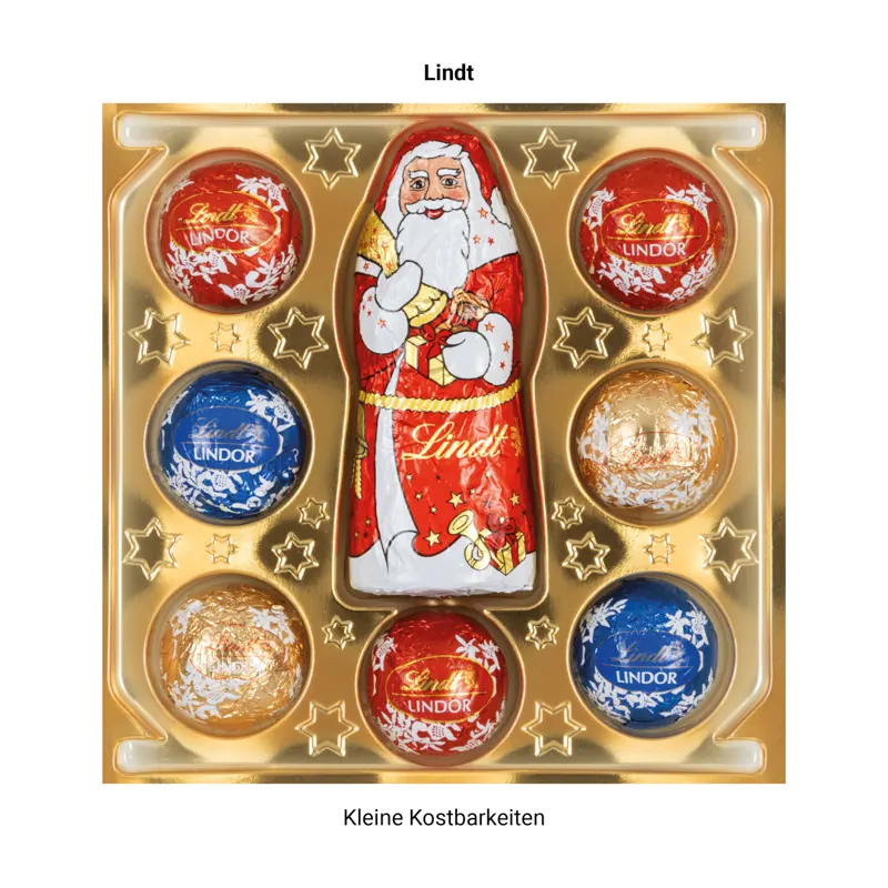 Lindt Präsent Werbeschuber aus weißem Karton Lindt Mini Pralinés