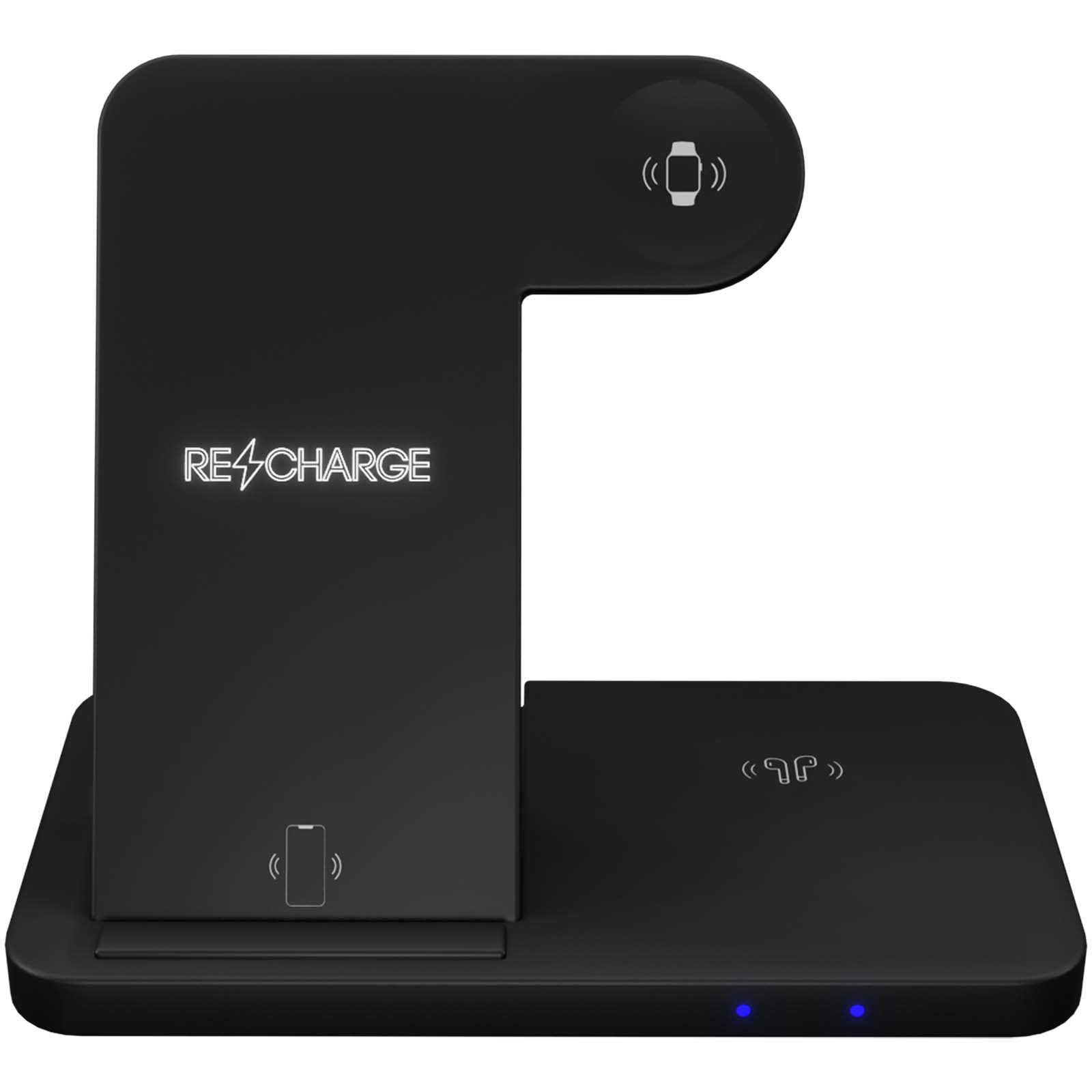 SCX.design W28 kabellose 3-in-1 Ladestation kabellos mit Telefonständer und Leuchtlogo schwarz