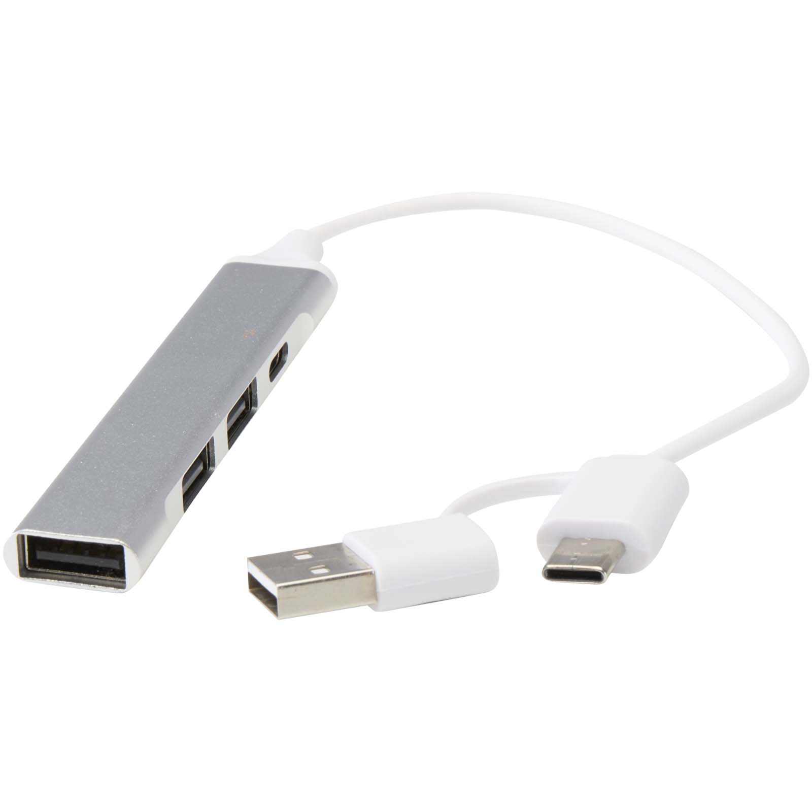 Alkaid 4 Port Hub aus recyceltem Aluminium mit USB-A- und Typ-C-Anschlüssen und zwei Eingängen silber