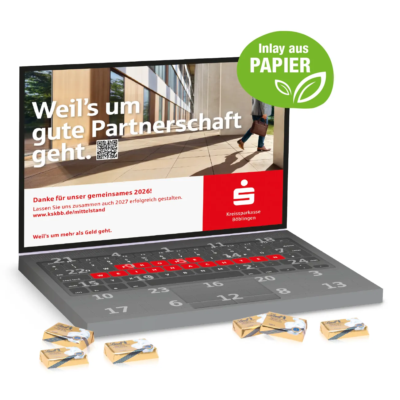 Adventskalender "Laptop" mit Lindt Schokolade, Inlay aus Papier