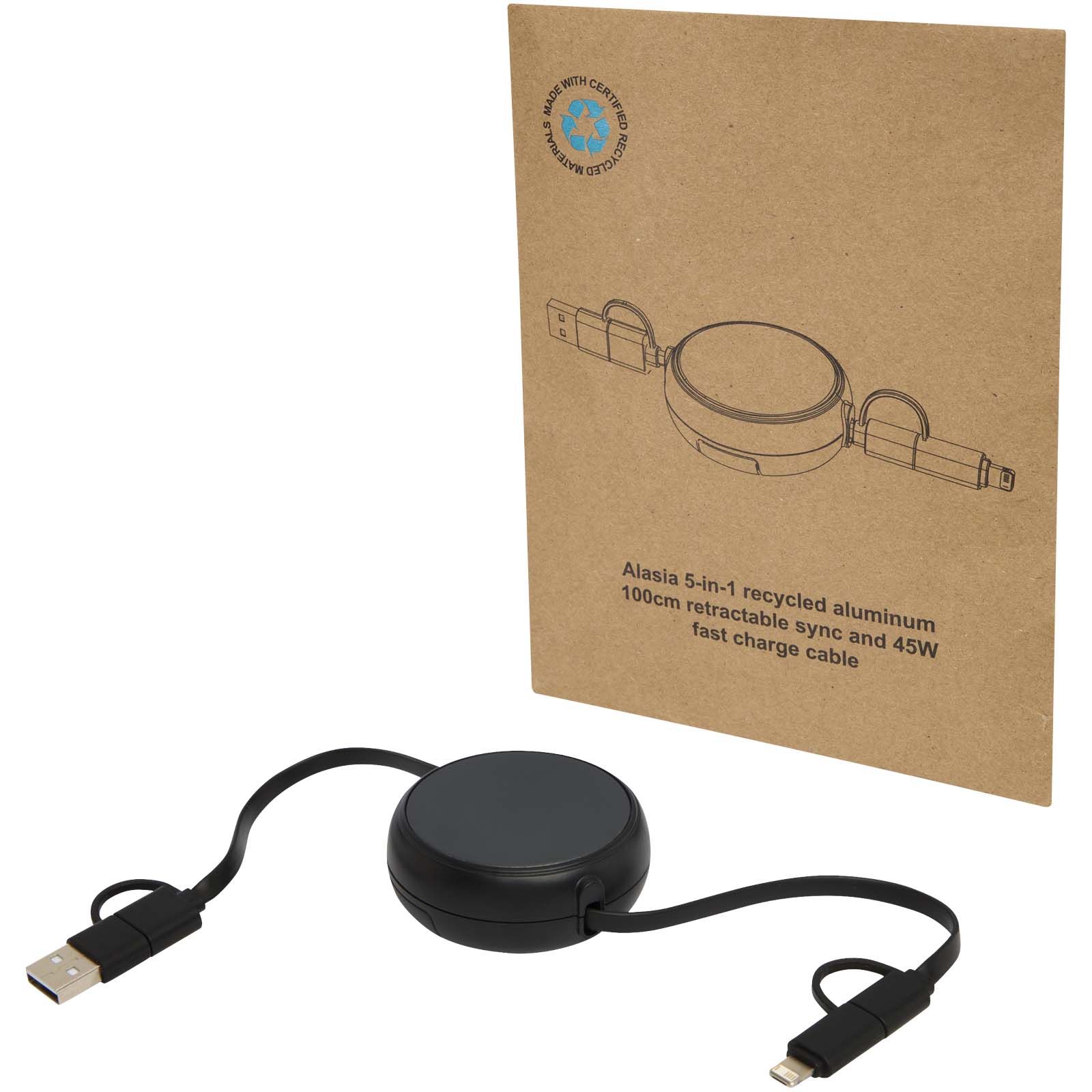 Alasia 100 cm 5-in-1 Kabel aus recyceltem Kunststoff und Aluminium, einziehbar, für Datenübertragung und mit 45W Schnellladun schwarz
