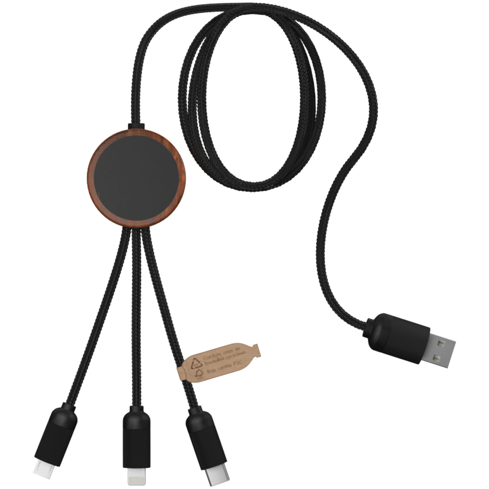 SCX.design C36 3-in-1 rPET erweitertes Ladekabel mit Leuchtlogo in rundem Bambusgehäuse holz