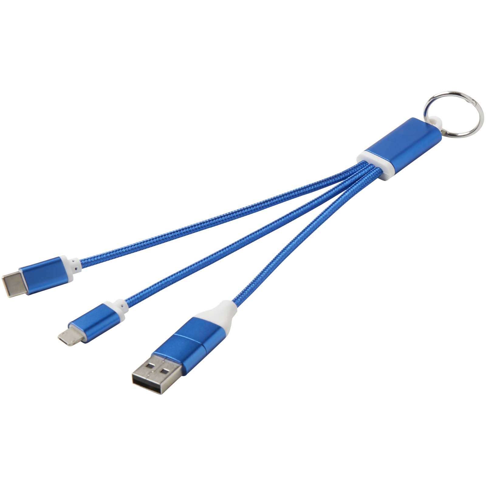 Metal 4-in-1 Ladekabel aus recyceltem Aluminium mit Schlüsselanhänger royalblau