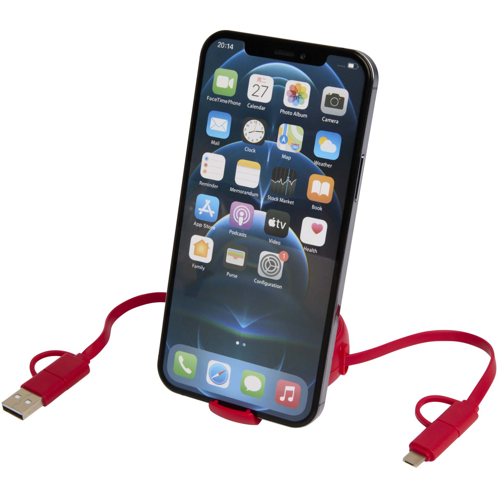 Alasia 100 cm 5-in-1 Kabel aus recyceltem Kunststoff und Aluminium, einziehbar, für Datenübertragung und mit 45W Schnellladun rot