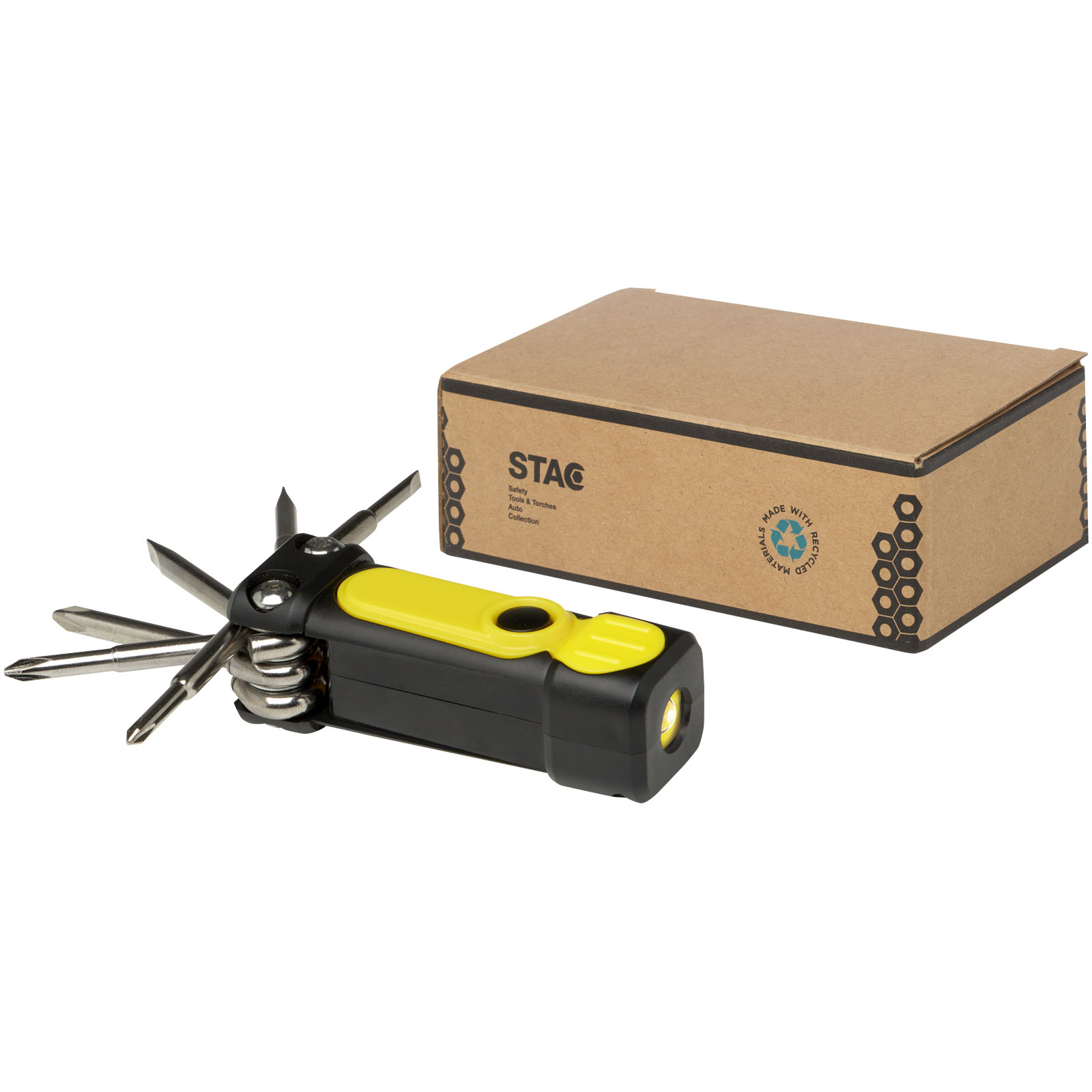 Octo 8-in-1 Schraubenzieher-Set aus recyceltem RCS Kunststoff mit Taschenlampe gelb