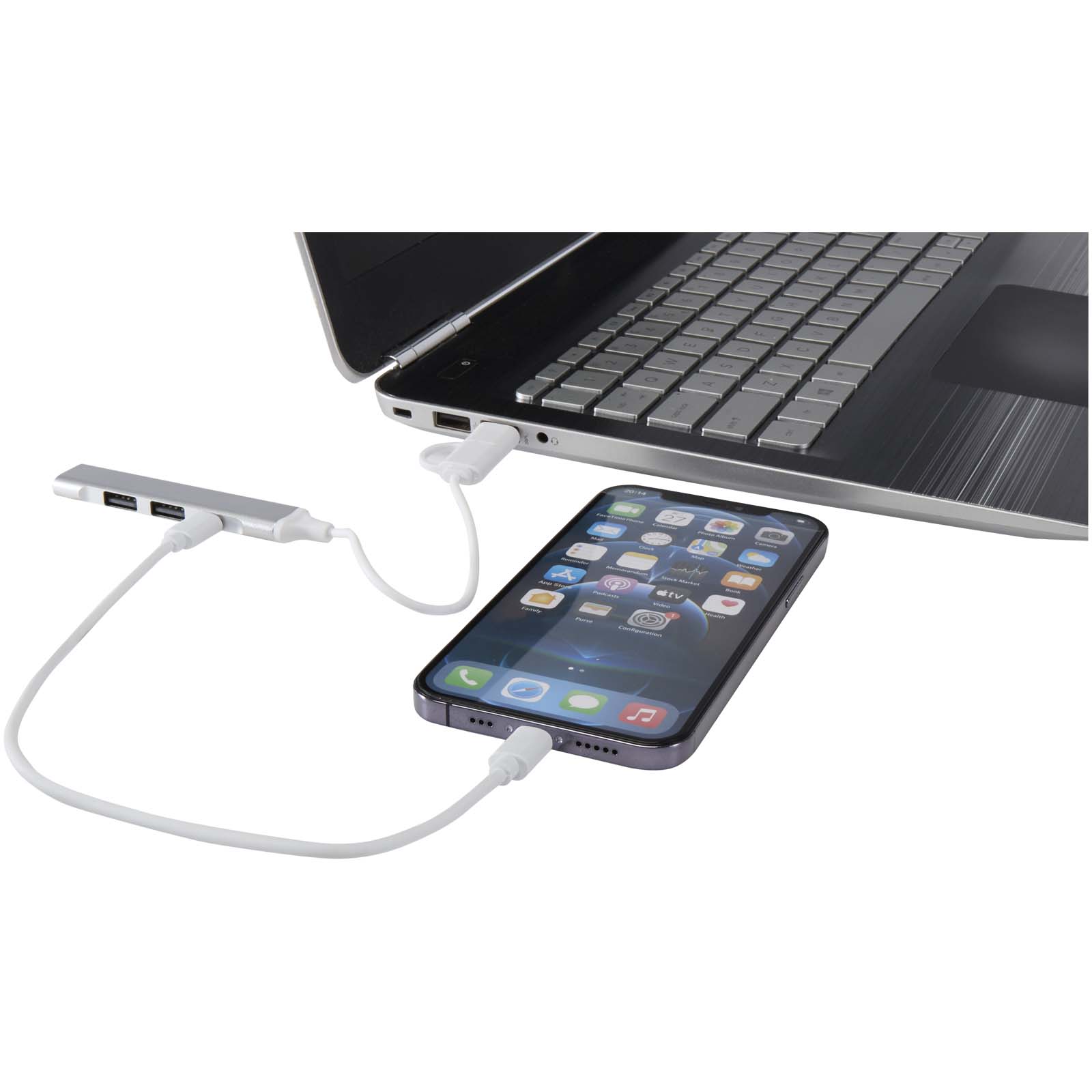 Alkaid 4 Port Hub aus recyceltem Aluminium mit USB-A- und Typ-C-Anschlüssen und zwei Eingängen silber
