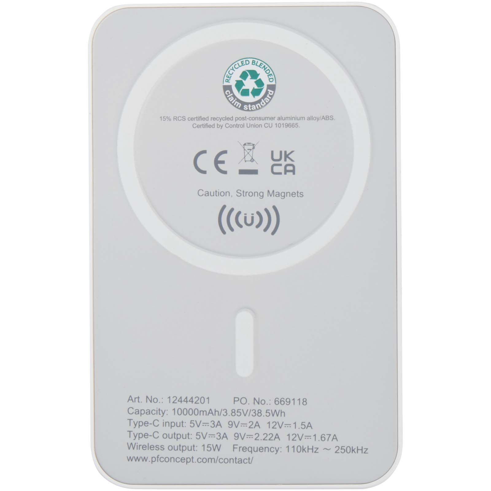 Acrab 15 W 10.000 mAh magnetische kabellose Powerbank mit 20 W PD aus recyceltem Kunststoff weiss