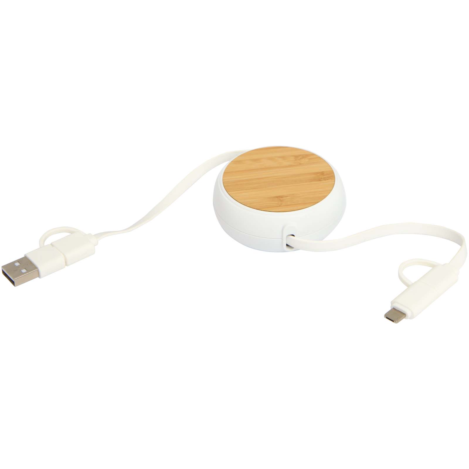 Chechia 100cm 5-in-1 Kabel aus recyceltem Kunststoff, einziehbar, für Datenübertragung und 45W Schnellladung mit Bambusdetail weiss