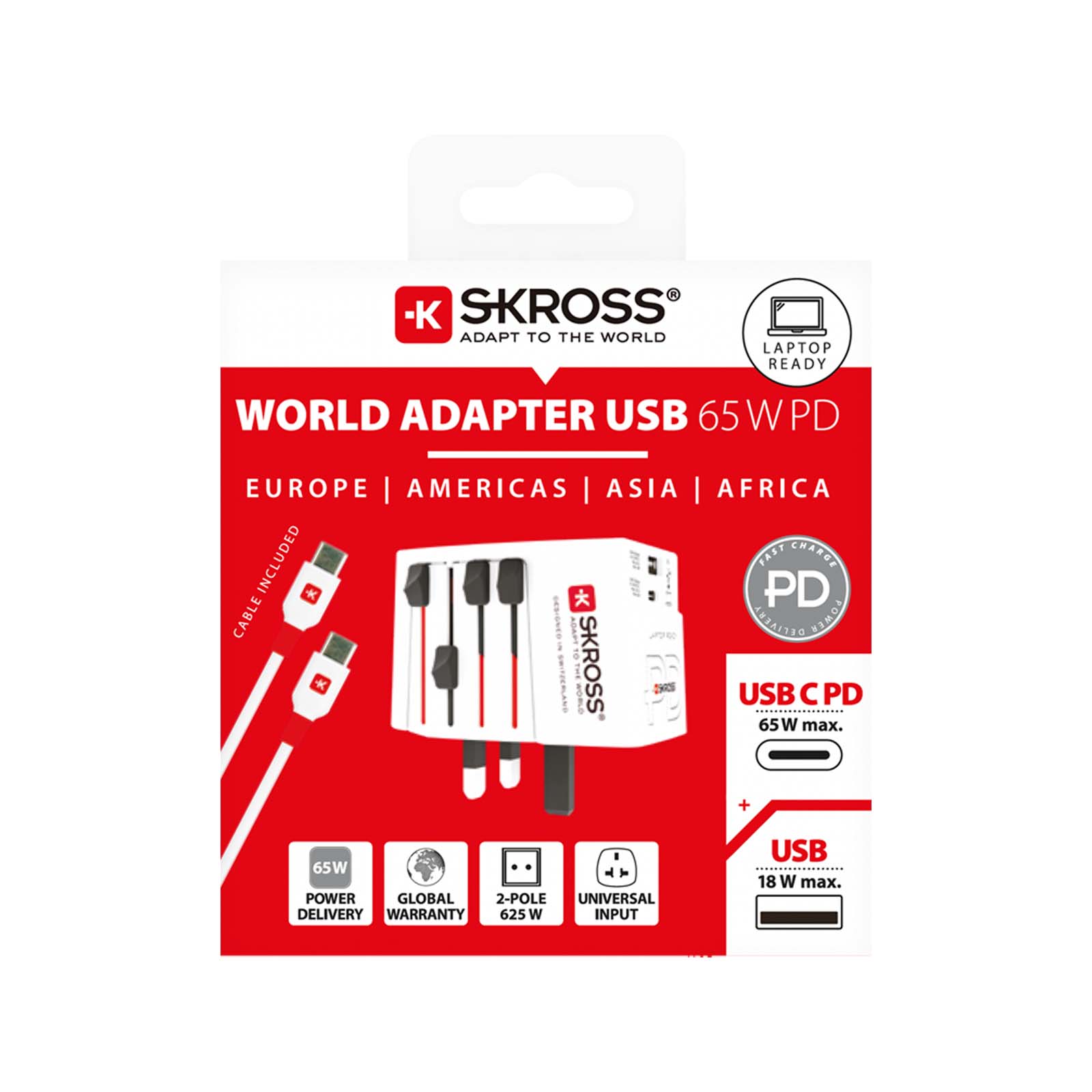 SKROSS® MUV AC65PD Reiseadapter mit USB-C Kabel weiss