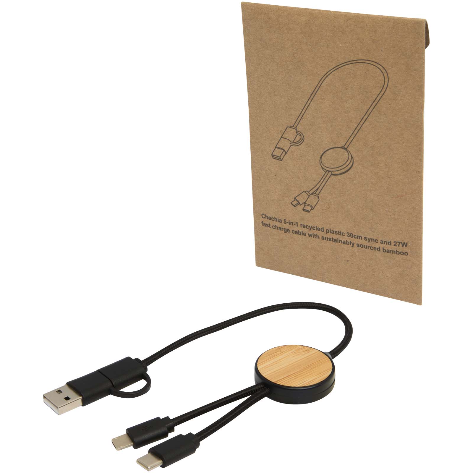 Chechia 30 cm 5-in-1 Kabel aus recyceltem Kunststoff für Datenübertragung und 27W Schnellladung mit Bambusdetails schwarz