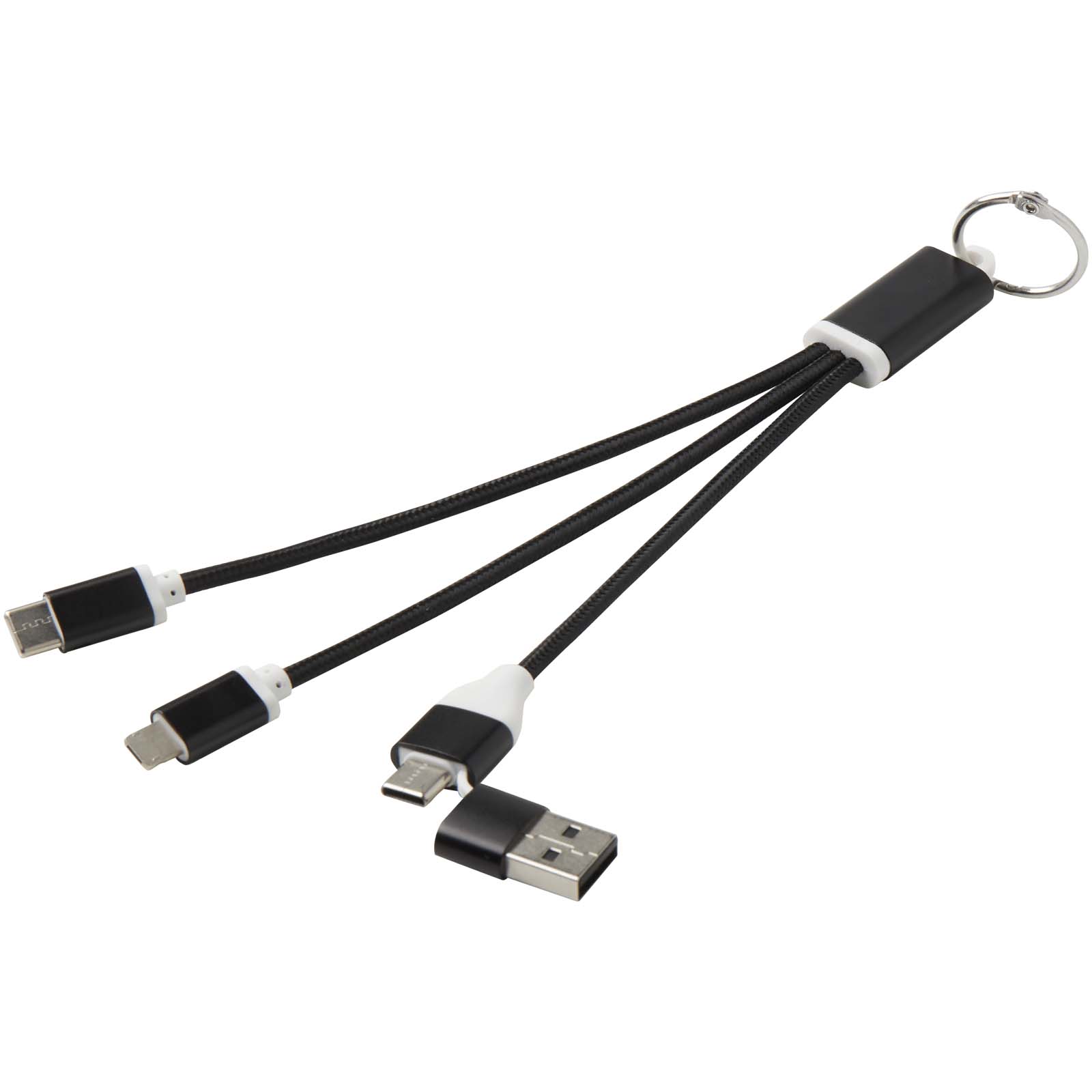 Metal 4-in-1 Ladekabel aus recyceltem Aluminium mit Schlüsselanhänger schwarz