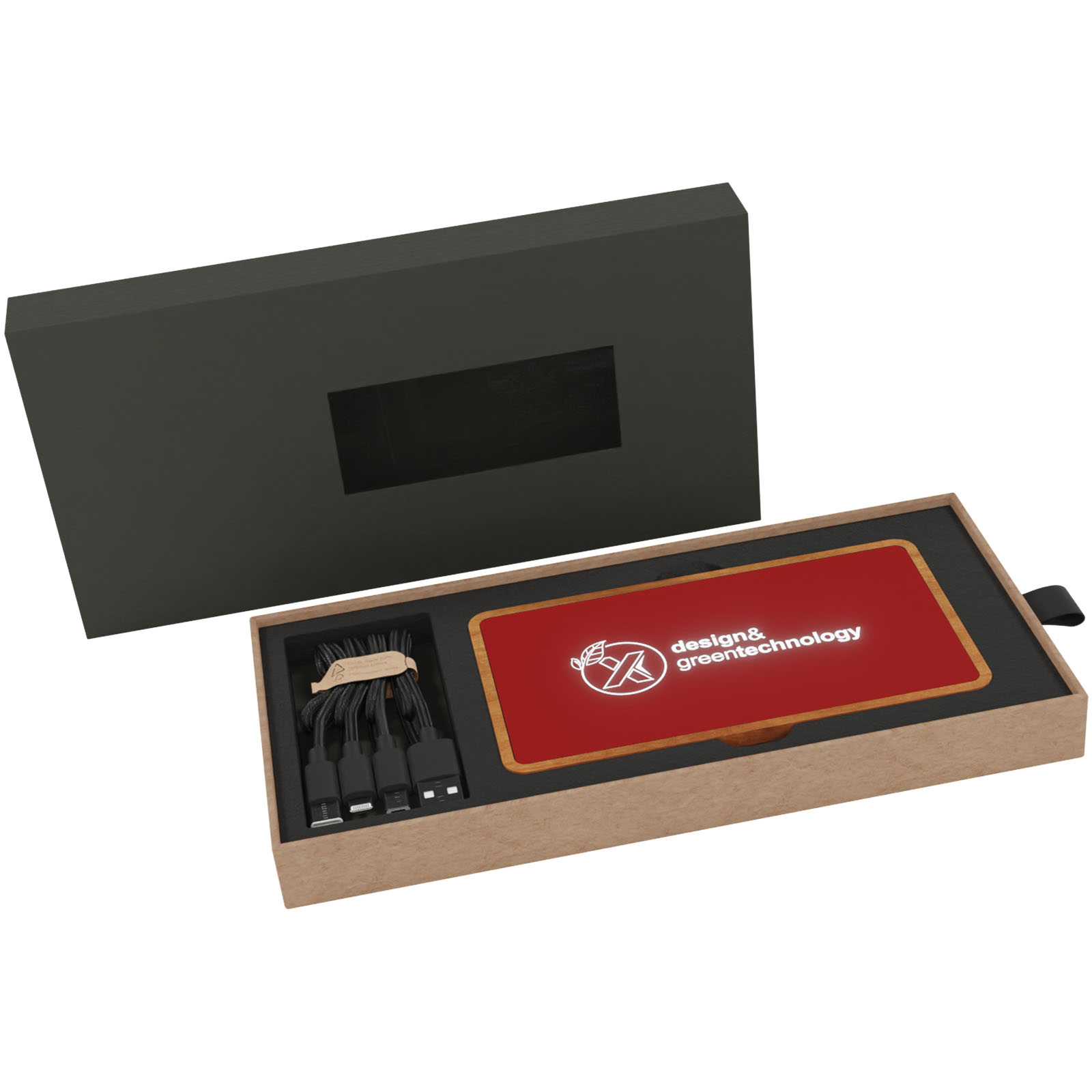 SCX.design P36 5000 mAh kabellose Powerbank mit Leuchtlogo mittelrot, holz