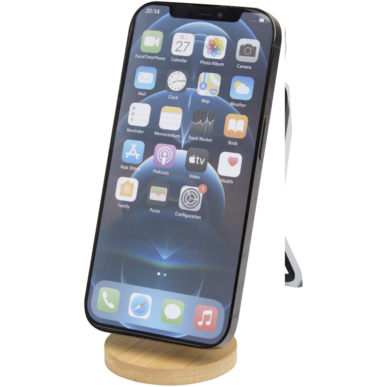 Alcor Klappbare magnetische Smartphonehalterung aus recyceltem Kunststoff mit Bambusdetails weiss
