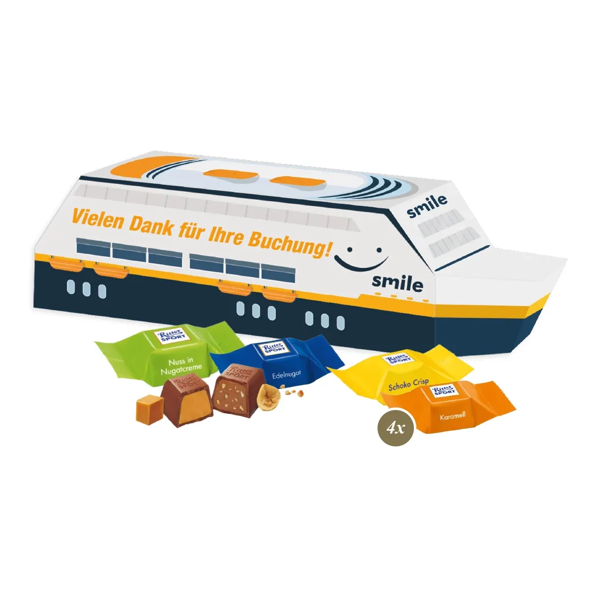3D Präsent "Schiff" mit Ritter SPORT Schokowürfel