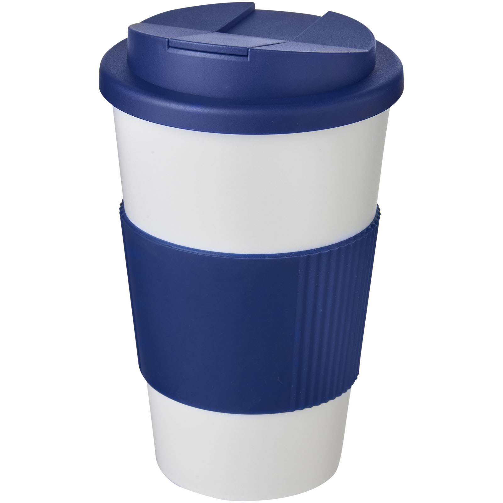 Americano® 350 ml Isolierbecher mit Schutzring & auslaufsicherem Schraubverschluss weiss, blau