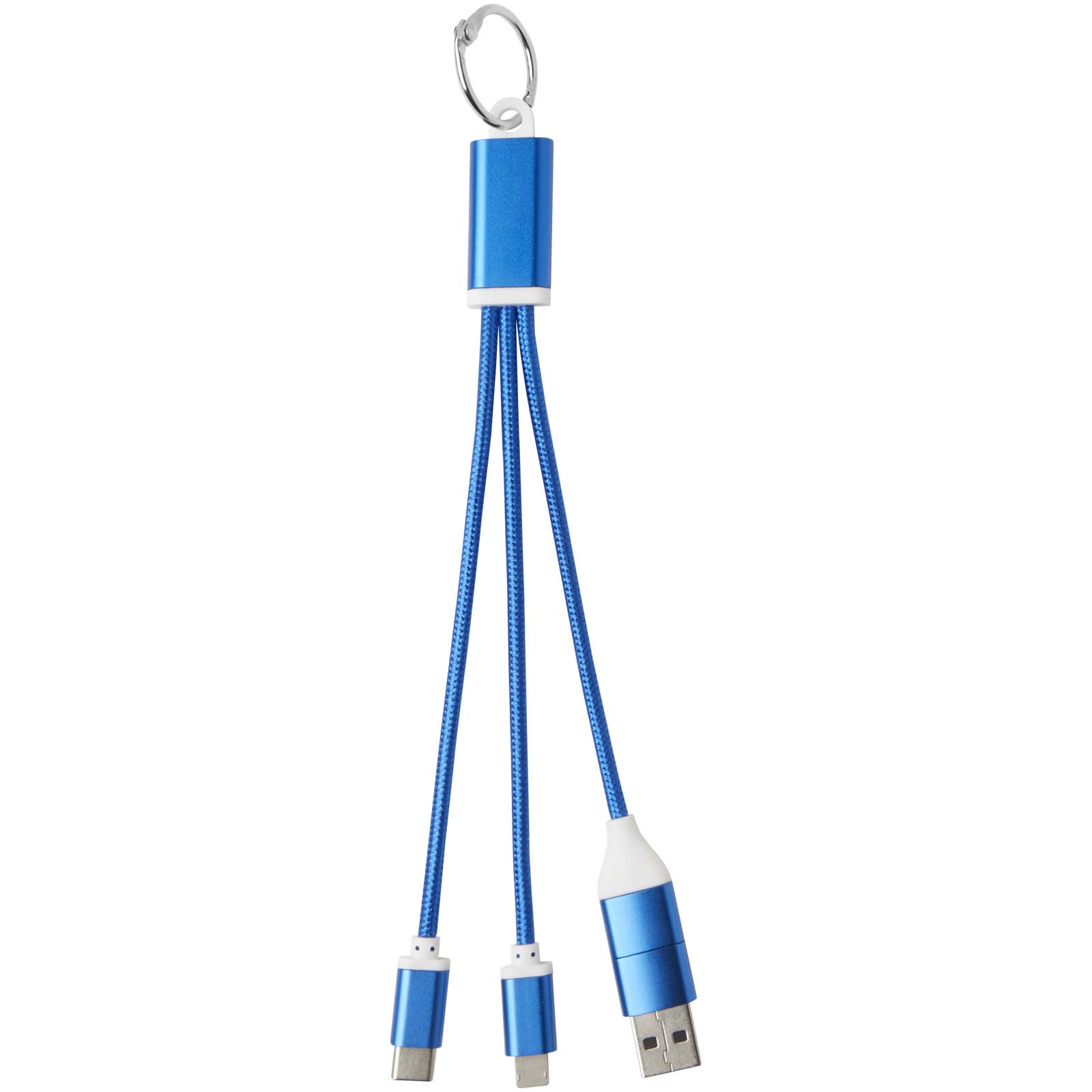 Metal 4-in-1 Ladekabel aus recyceltem Aluminium mit Schlüsselanhänger royalblau