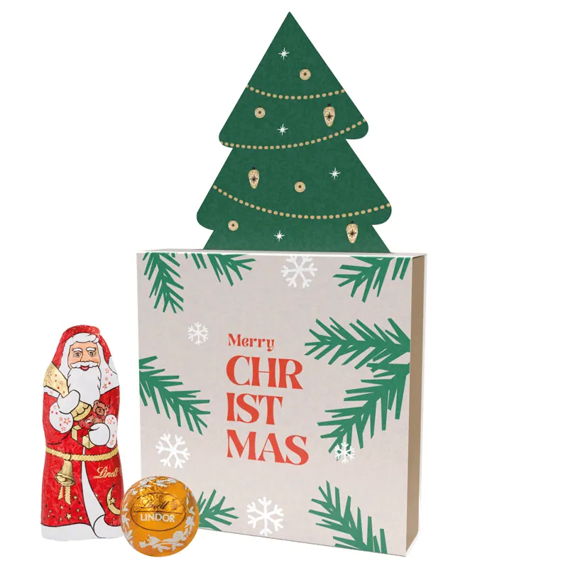 Lindt Präsent im Werbeschuber, Weihnachten, Werbeschuber Tannenbaum: Karton, weiß; Inlay: Kunststoff, 7 LINDOR Mini Kugeln, bunt gemischt und 1 Weihnachtsmann