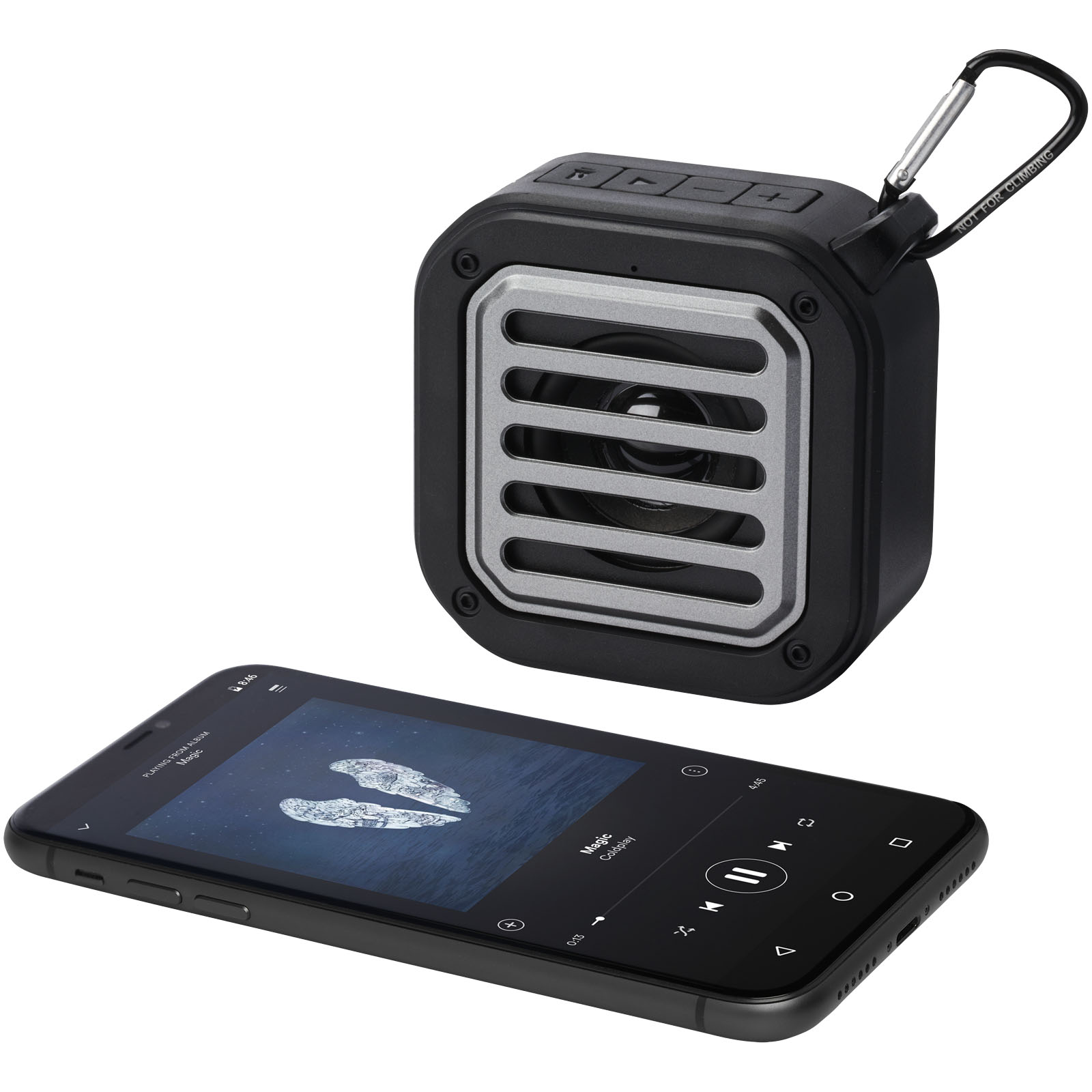 Solo 3W IPX5 Solar Bluetooth®-Lautsprecher aus recyceltem RCS Kunststoff mit Karabinerhaken schwarz