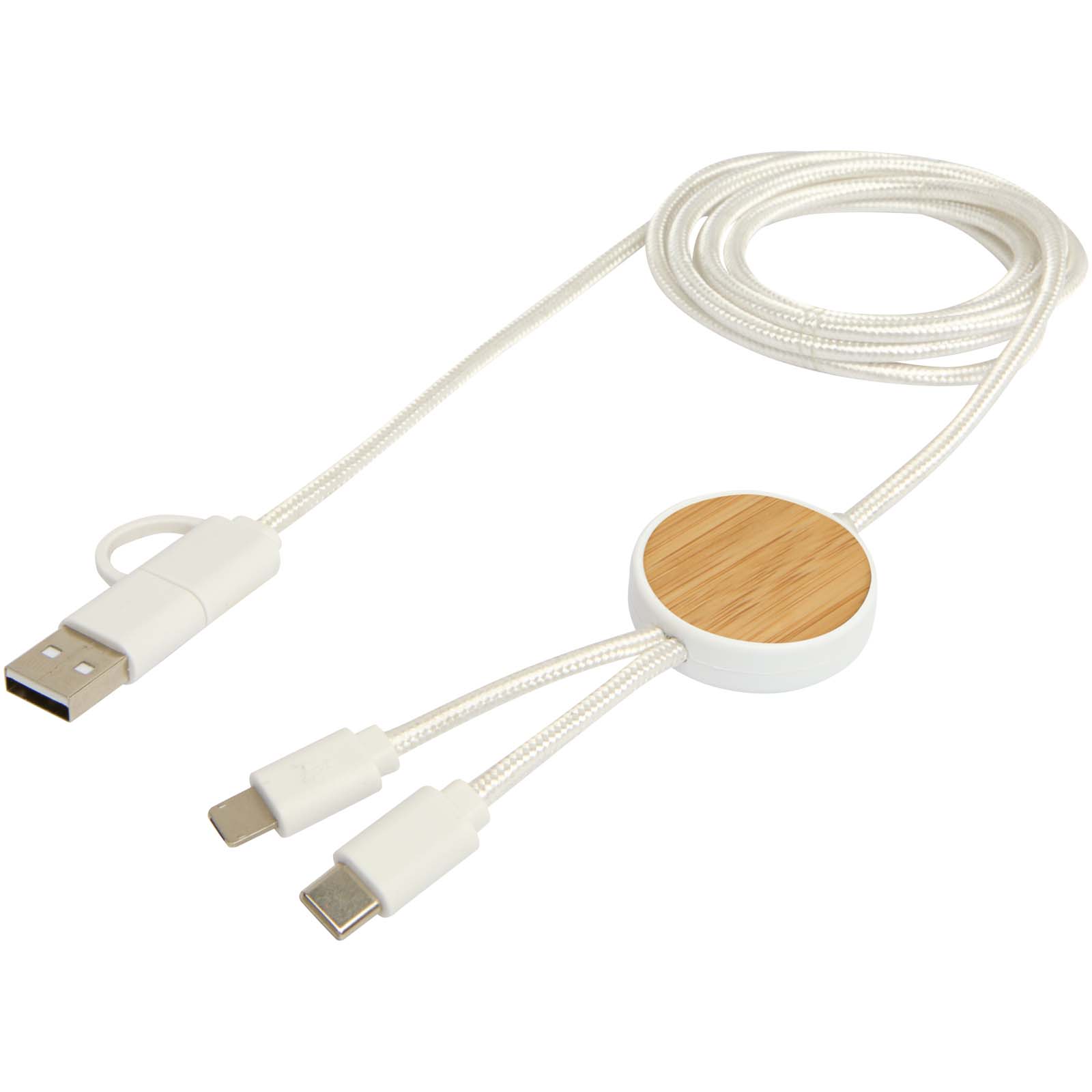 Chechia 150 cm 5-in-1 Kabel aus recyceltem Kunststoff für Datenübertragung und 27W Schnellladung mit Bambusdetails weiss