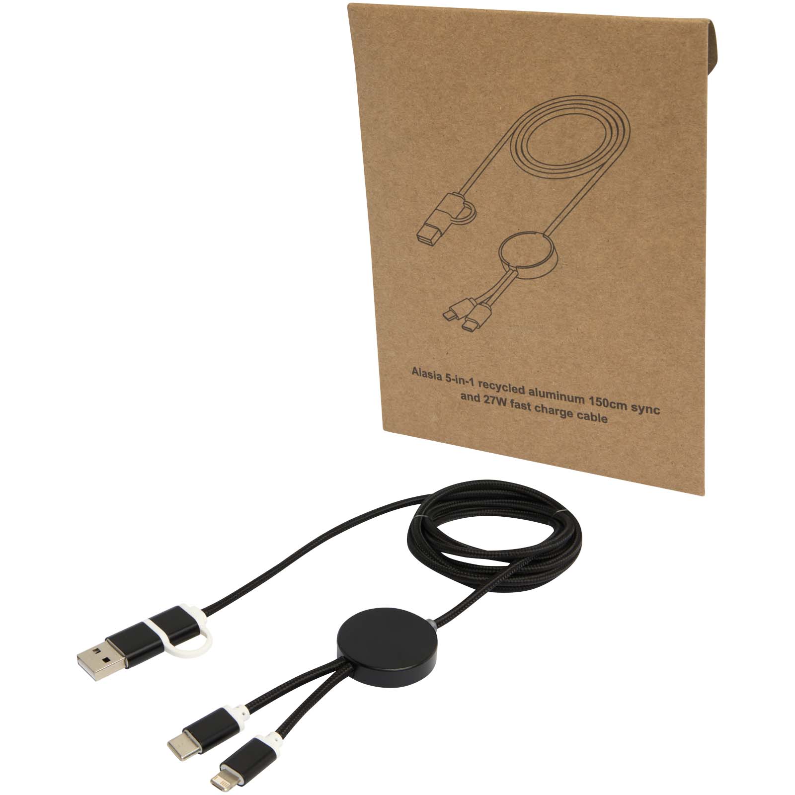 Alasia 150 cm 5-in-1 Kabel aus recyceltem Kunststoff für Datenübertragung und 27W Schnellladung schwarz