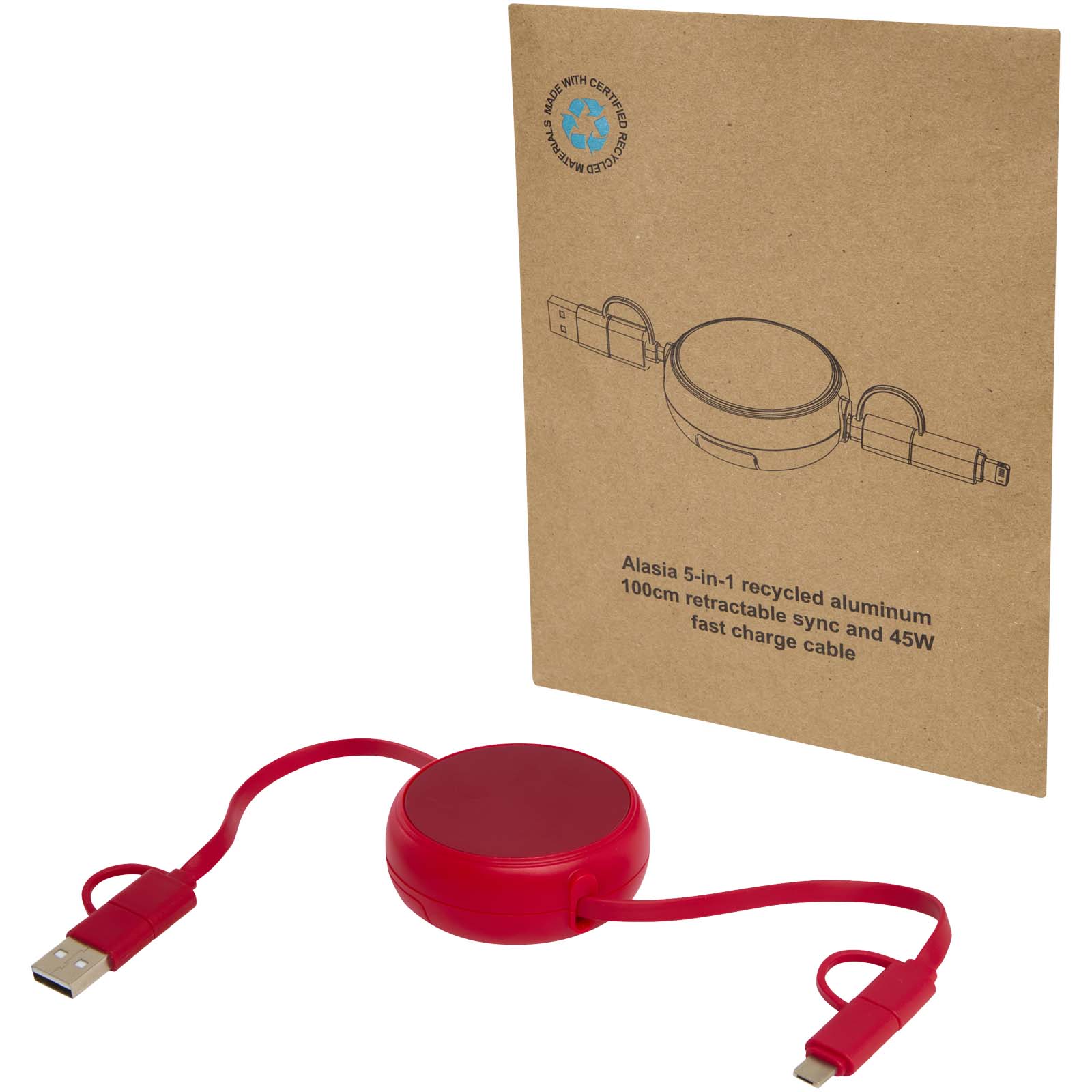 Alasia 100 cm 5-in-1 Kabel aus recyceltem Kunststoff und Aluminium, einziehbar, für Datenübertragung und mit 45W Schnellladun rot