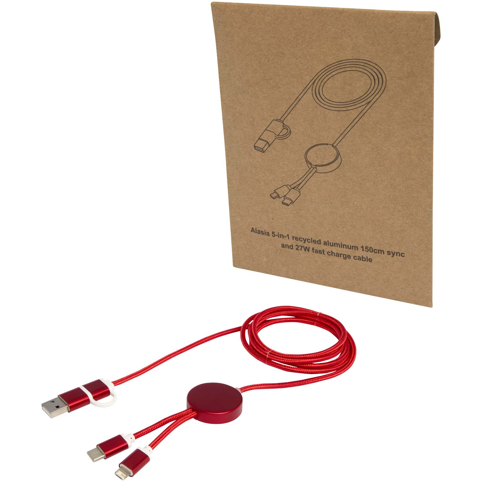 Alasia 150 cm 5-in-1 Kabel aus recyceltem Kunststoff für Datenübertragung und 27W Schnellladung rot