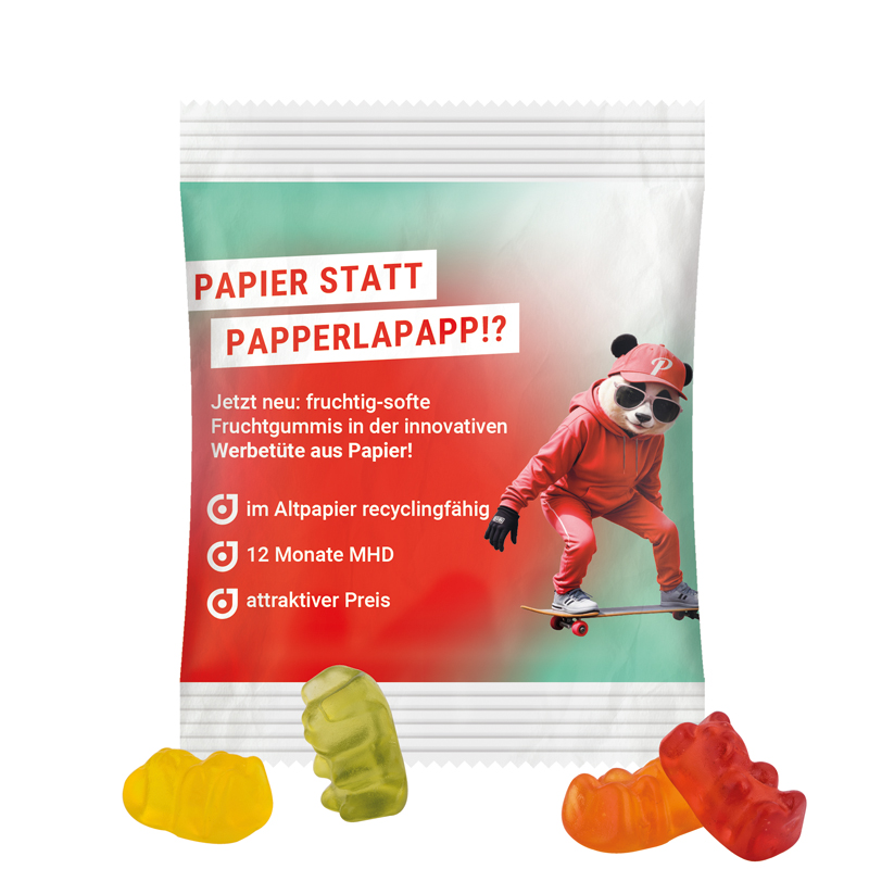 Minitüte 12 g, weiße kompostierbare Folie, Trolli Vegane Gummibärchen, 14% Fruchtsaft