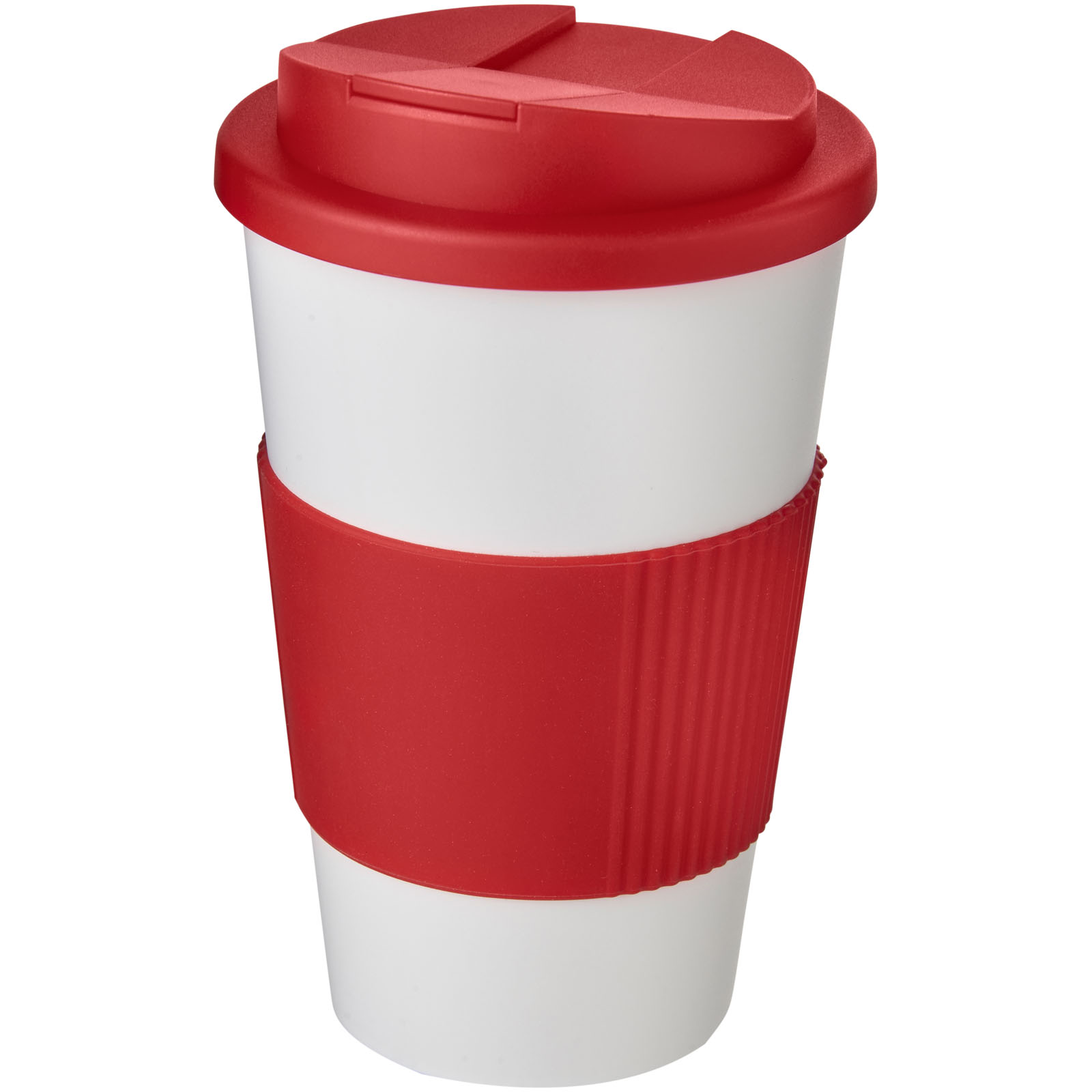 Americano® 350 ml Isolierbecher mit Schutzring & auslaufsicherem Schraubverschluss weiss, rot