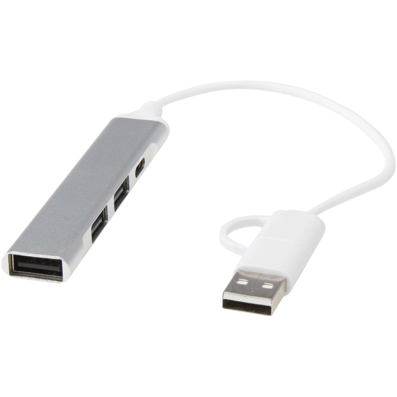 Alkaid 4 Port Hub aus recyceltem Aluminium mit USB-A- und Typ-C-Anschlüssen und zwei Eingängen silber