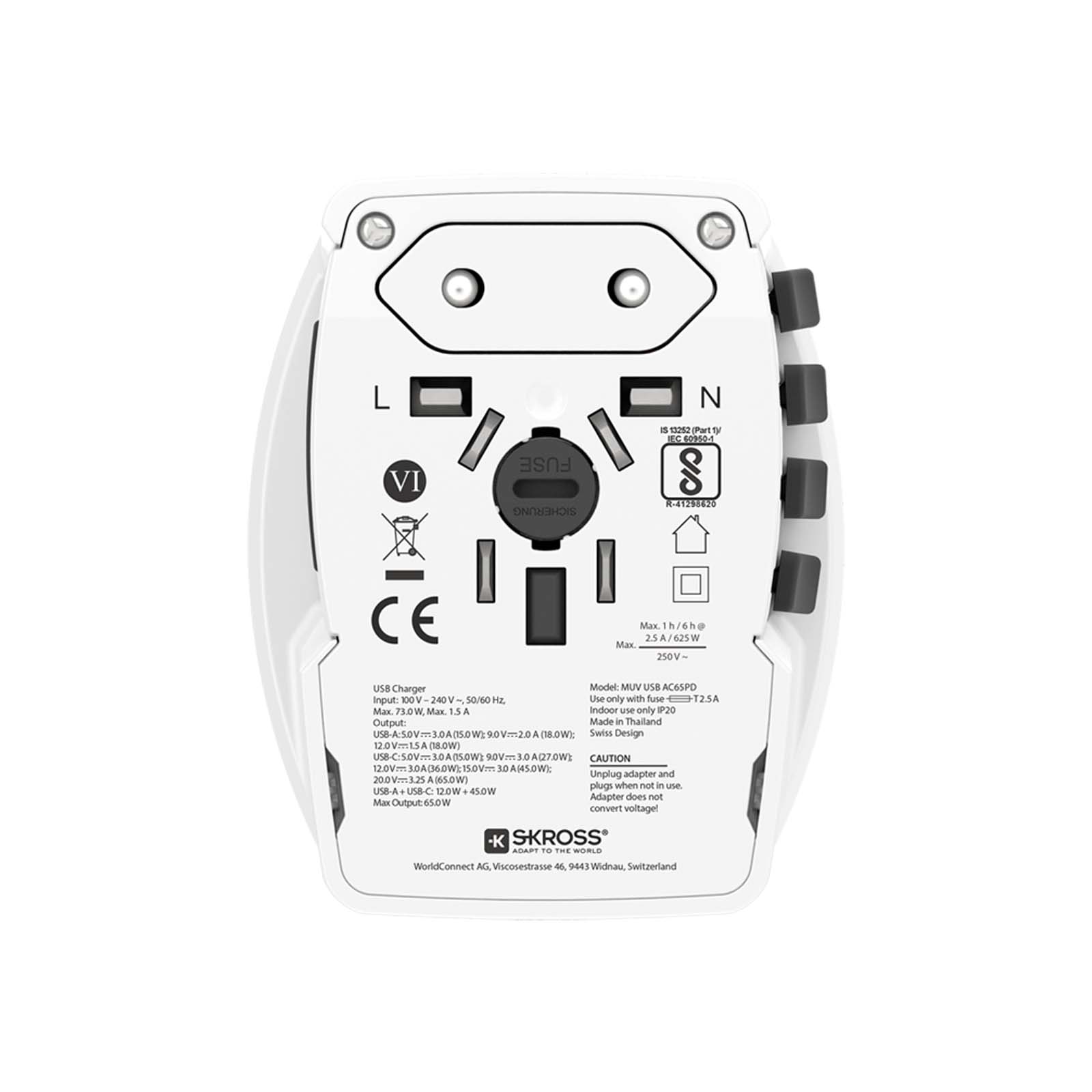 SKROSS® MUV AC65PD Reiseadapter mit USB-C Kabel weiss