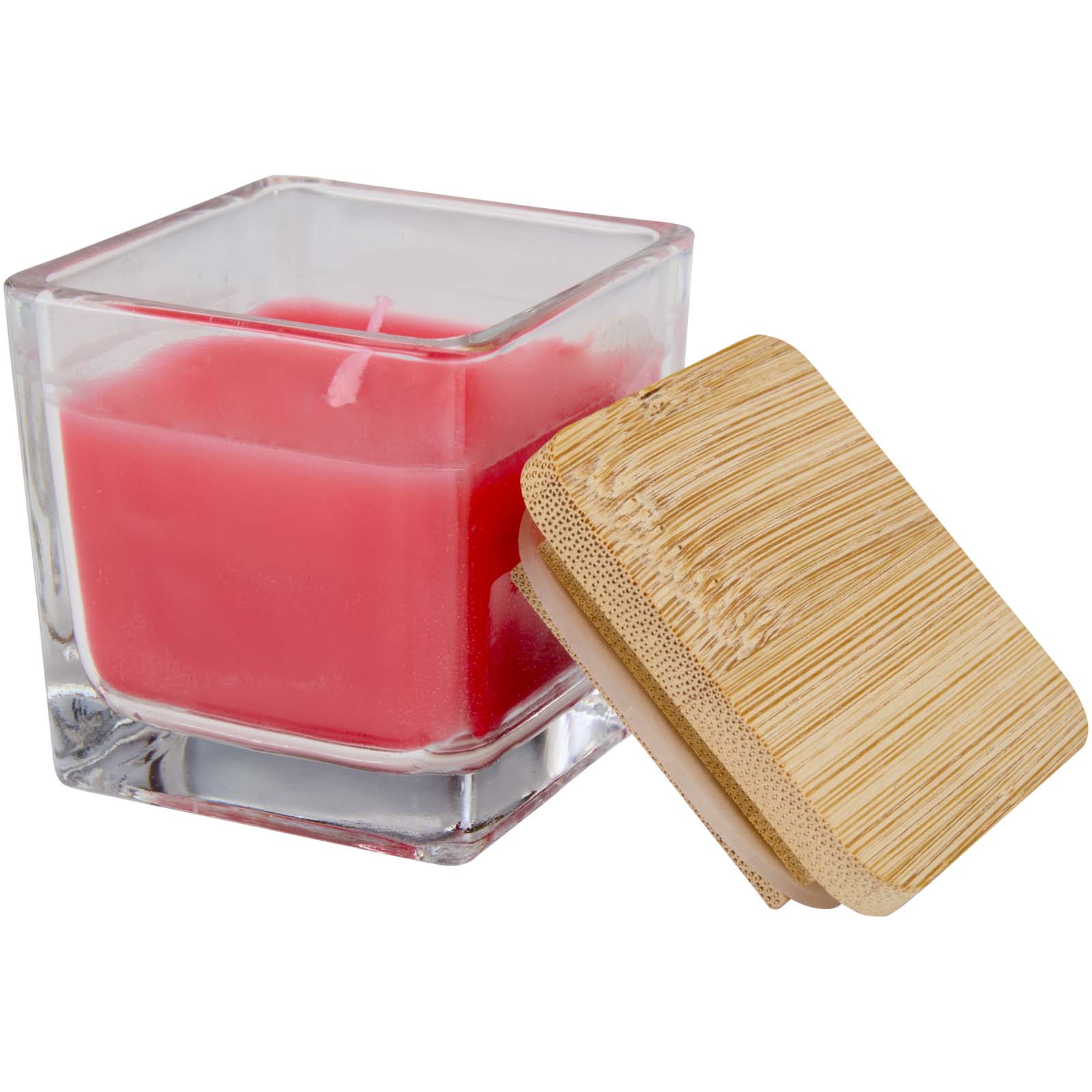 Ambra Quadratische Glaskerze mit Bambusdeckel rot