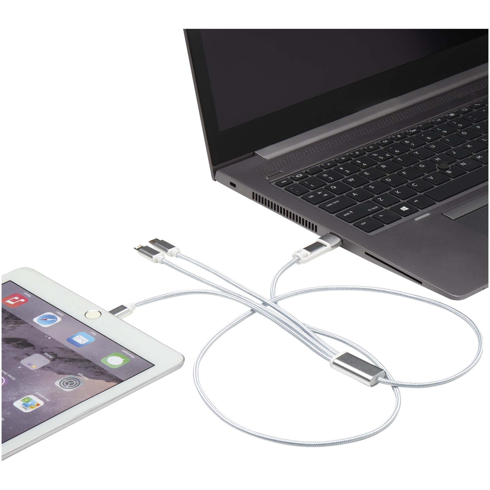 Versatile 5-in-1 Ladekabel aus recyceltem Aluminium silber