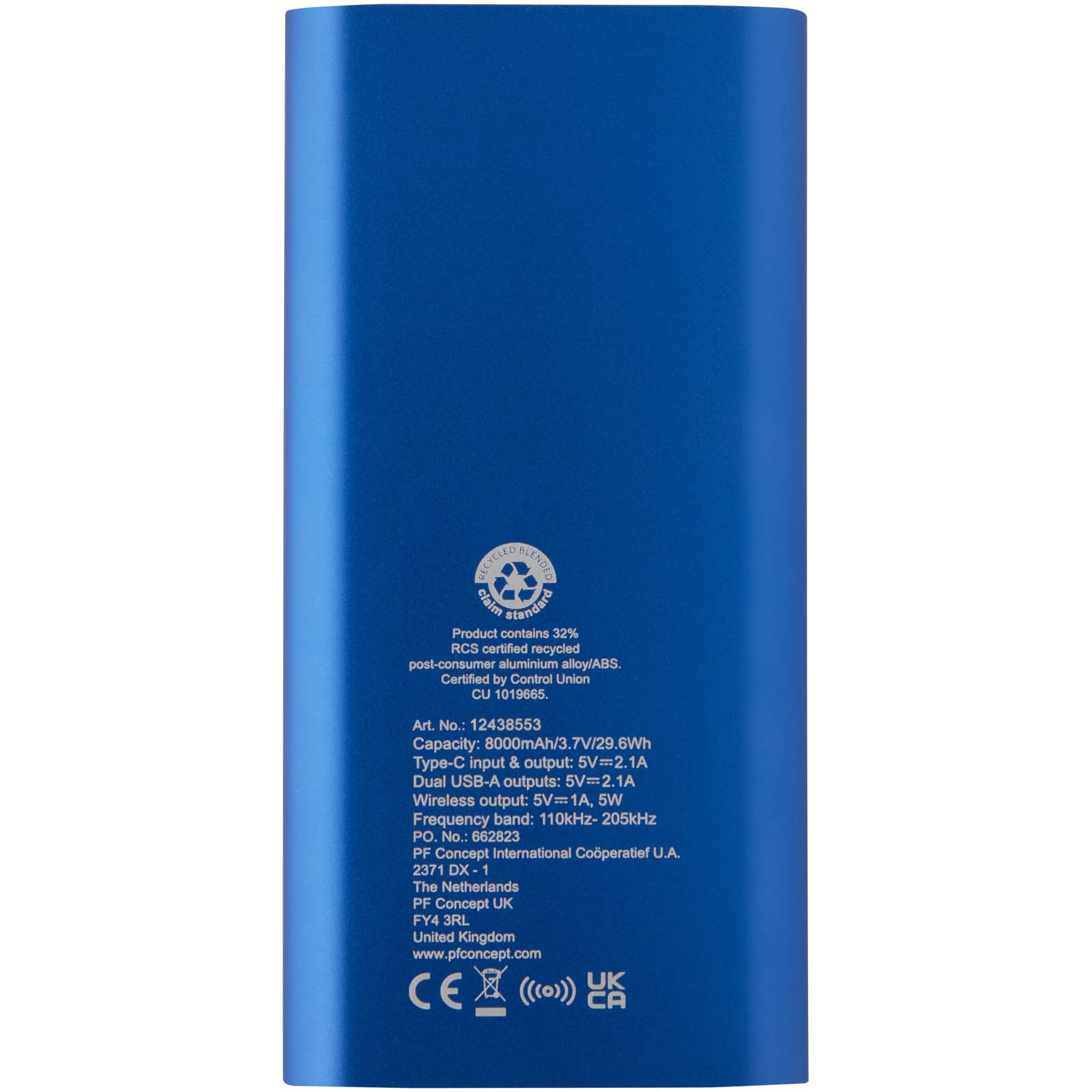 Juice 8000 mAh Typ-C kabellose Powerbank aus recyceltem Aluminium royalblau