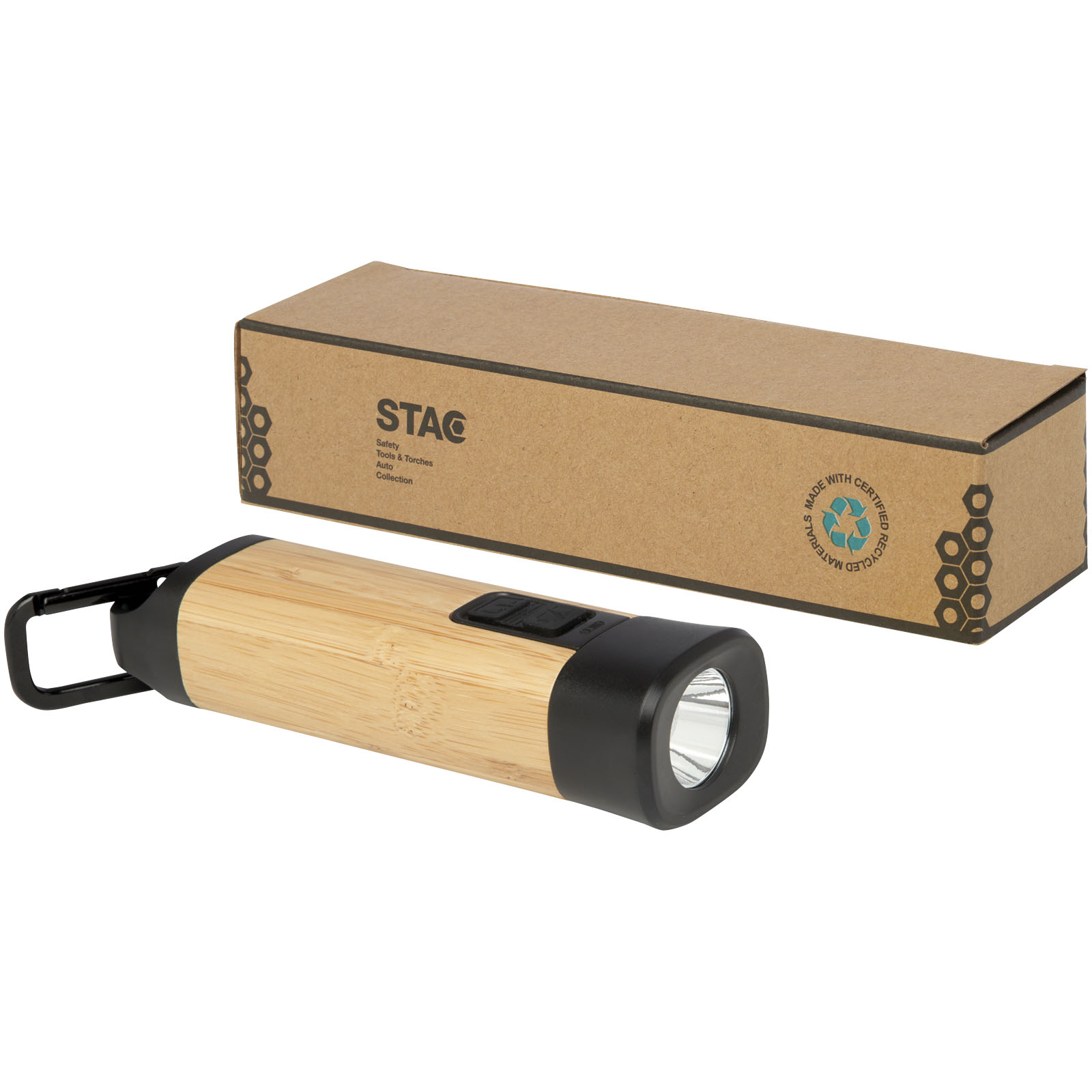 Kuma Taschenlampe aus Bambus und recyceltem RCS Kunststoff mit Karabinerhaken natur