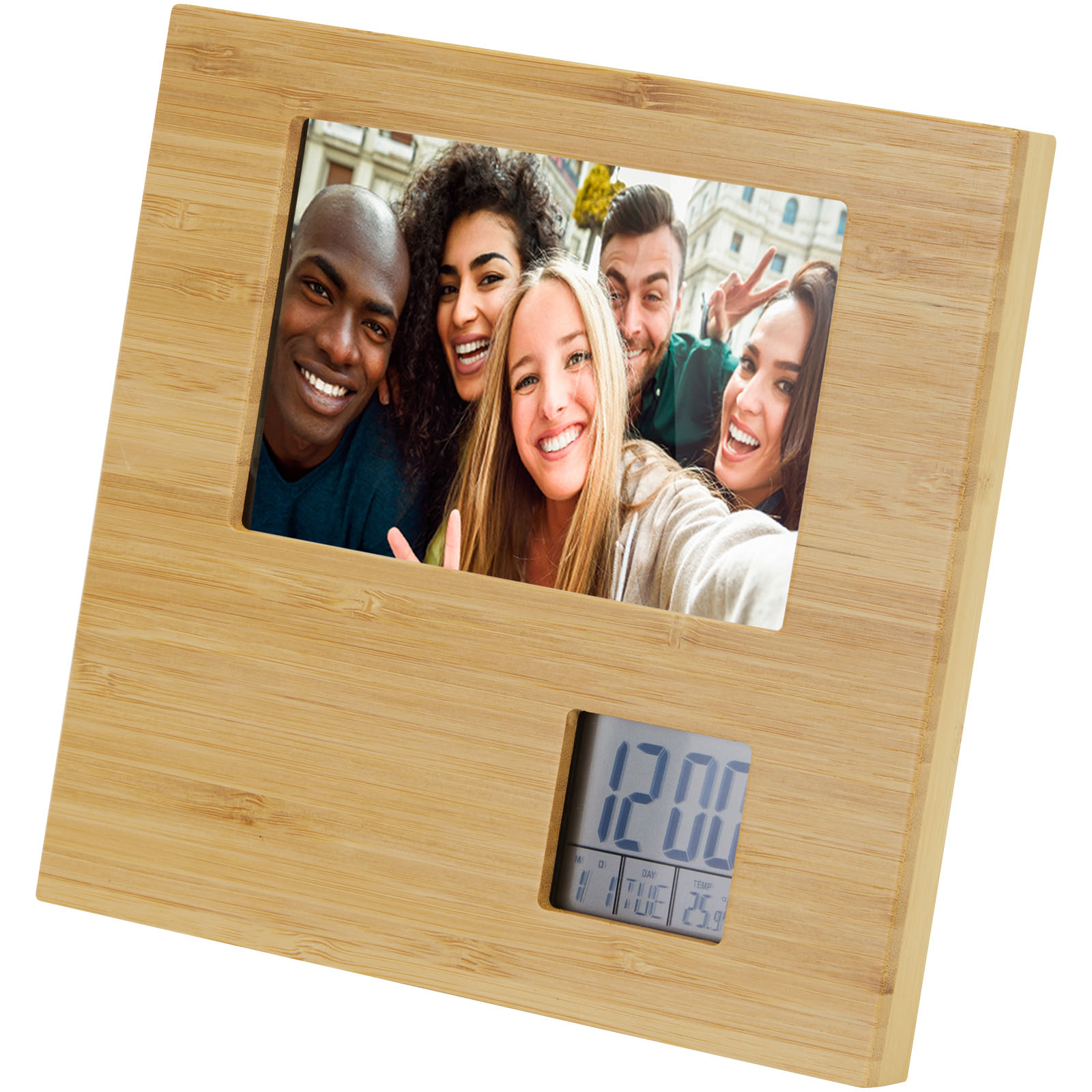 Sasa Bambus Fotorahmen Tischuhr mit Thermometer natur