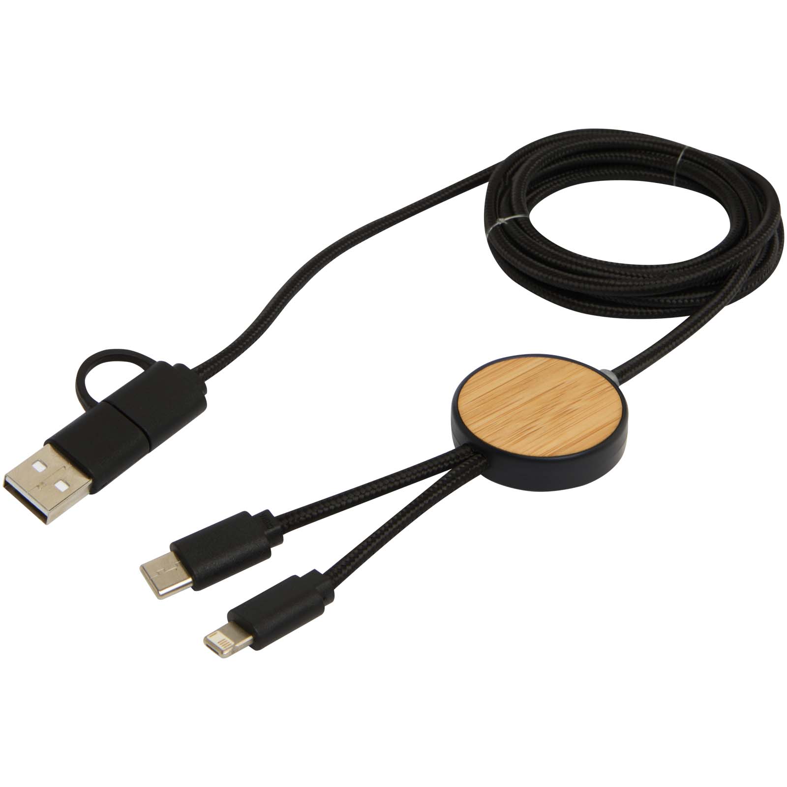 Chechia 150 cm 5-in-1 Kabel aus recyceltem Kunststoff für Datenübertragung und 27W Schnellladung mit Bambusdetails schwarz