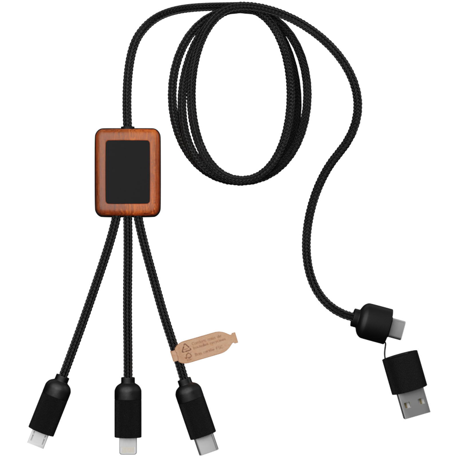 SCX.design C38 40W 5-in-1 Ladekabel aus rPET in quadratischem Bambusgehäuse mit Leuchtlogo schwarz, holz