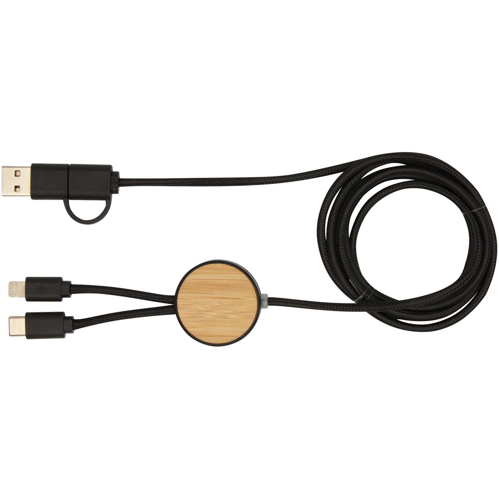 Chechia 150 cm 5-in-1 Kabel aus recyceltem Kunststoff für Datenübertragung und 27W Schnellladung mit Bambusdetails schwarz