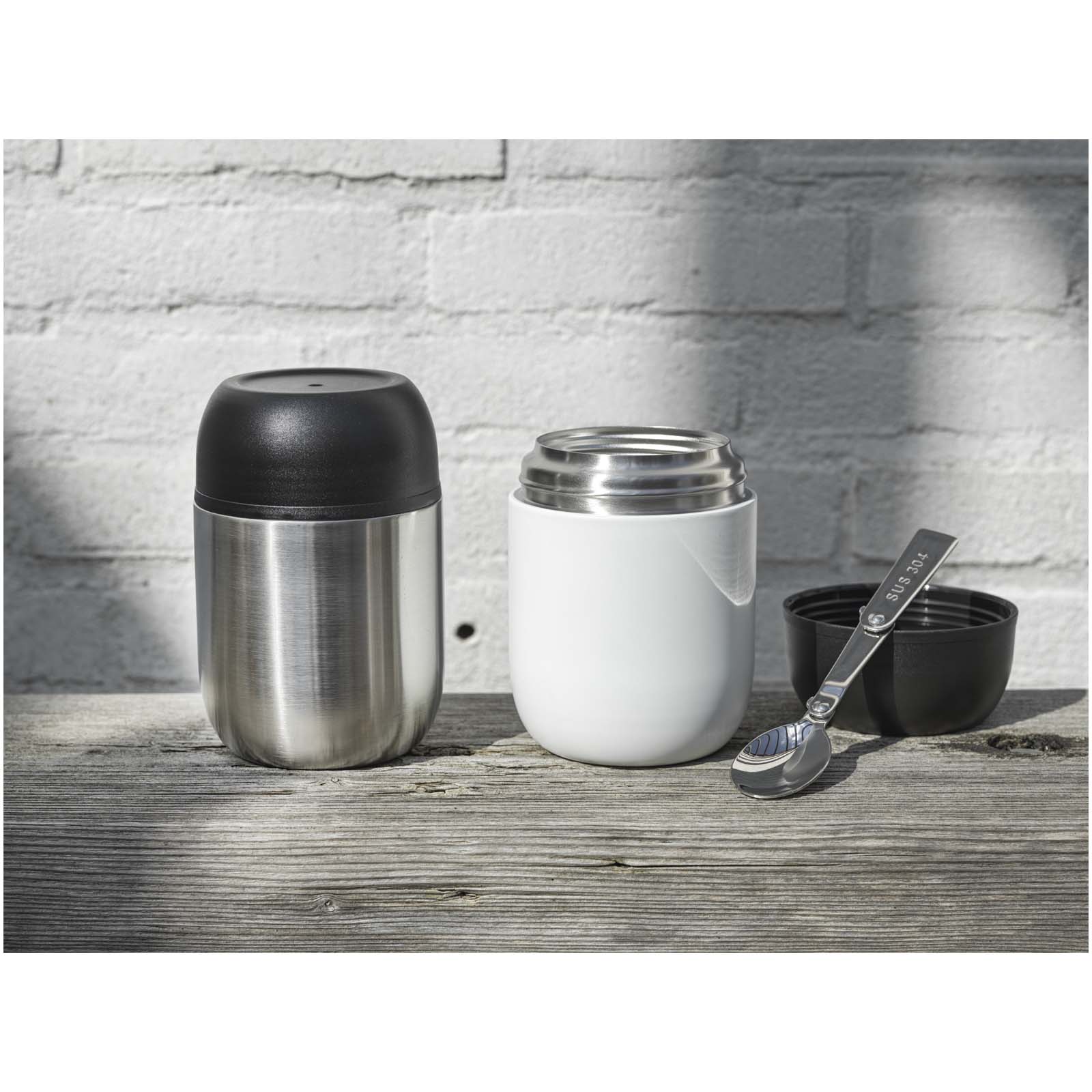 Supo 480 ml doppelwandiger Lunchpot aus recyceltem Edelstahl mit faltbarem Löffel