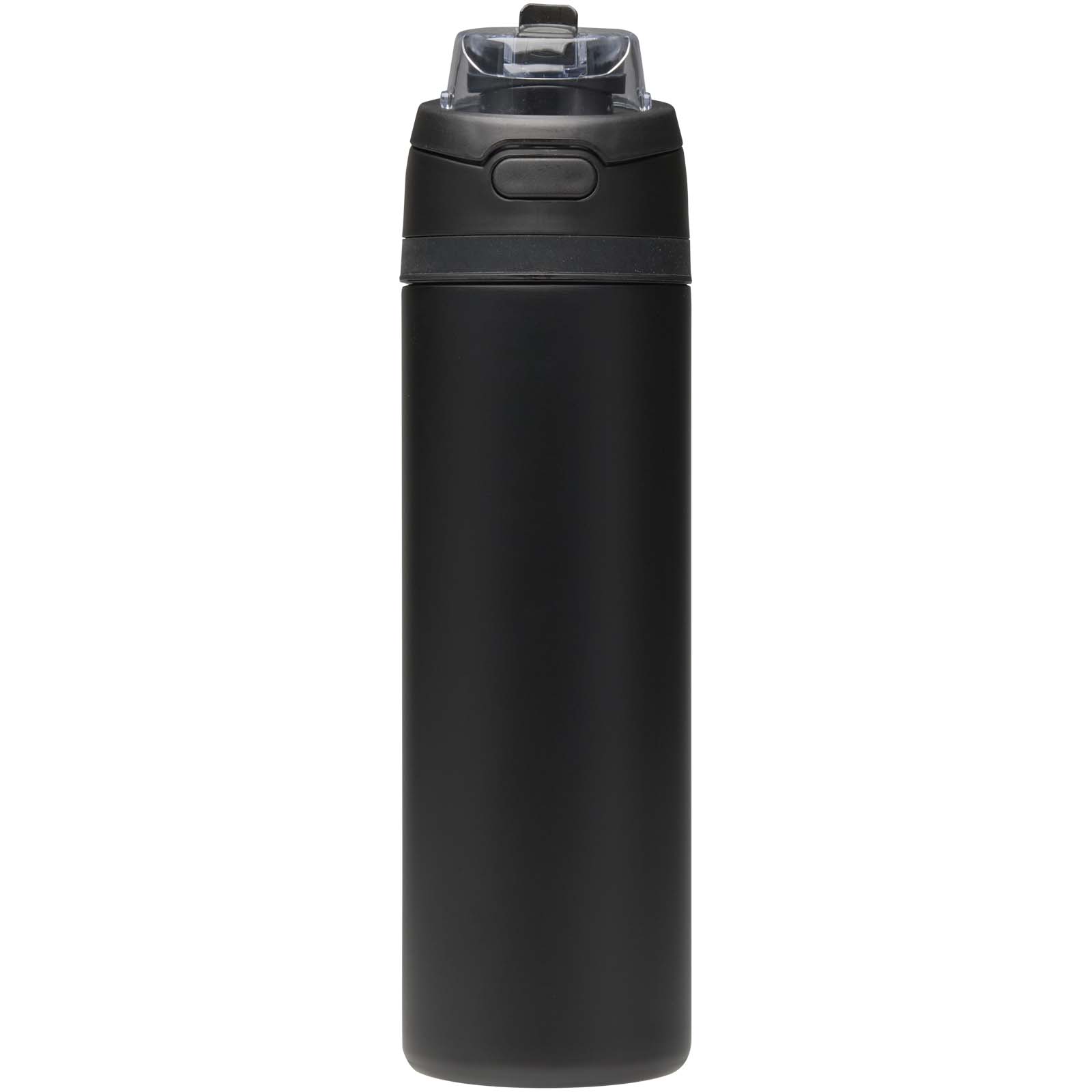 Theron 800 ml RCS Trinkflasche aus recyceltem, einwandigem Edelstahl mit Multifunktionsdeckel und Klappstrohhalm schwarz