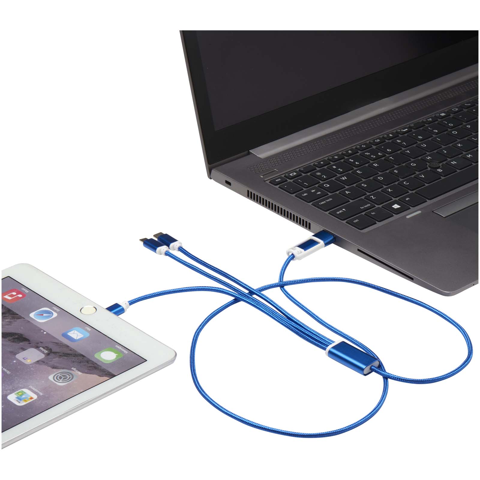 Versatile 5-in-1 Ladekabel aus recyceltem Aluminium royalblau