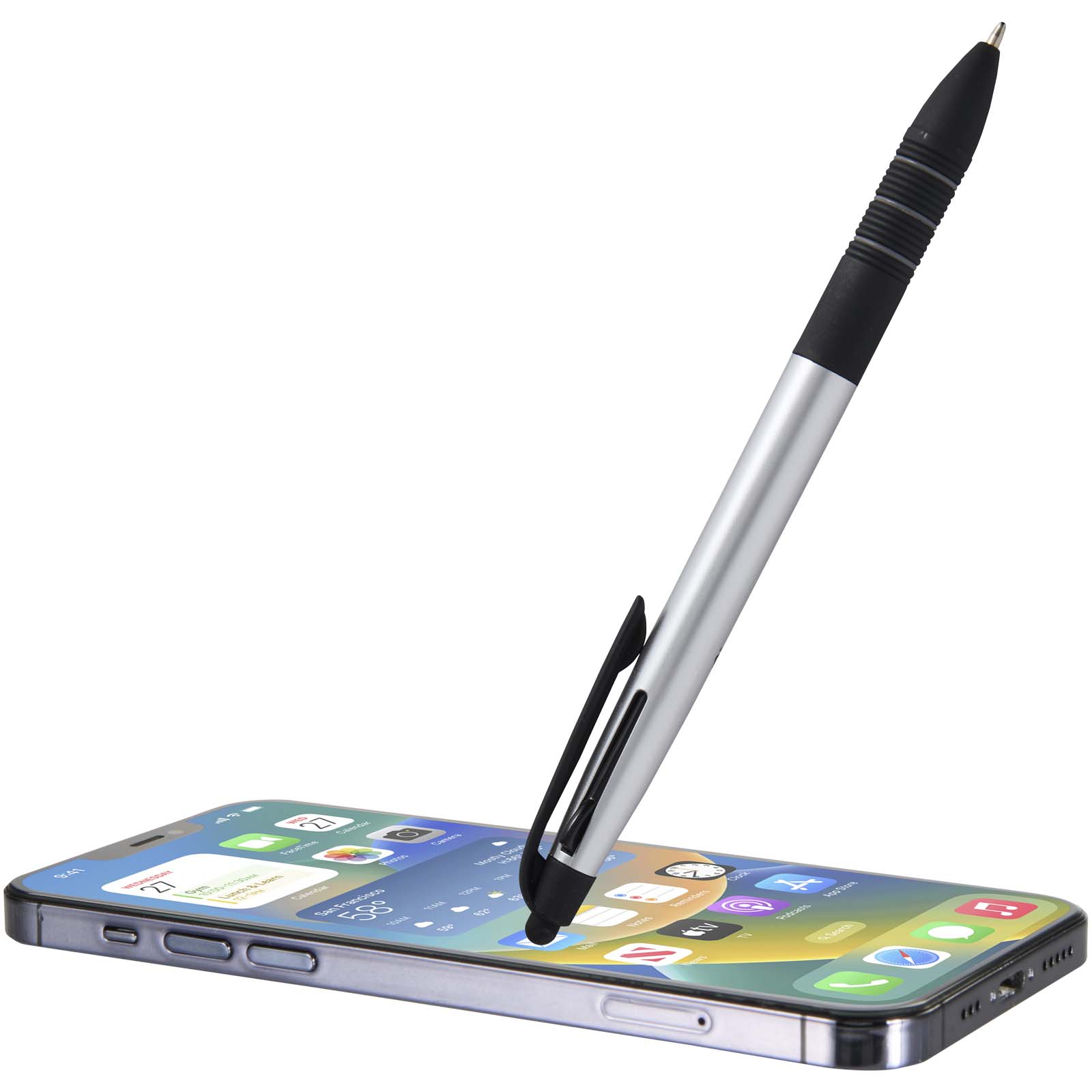 Trine 3-Farben RCS recycelter Kugelschreiber mit Stylus silber, schwarz