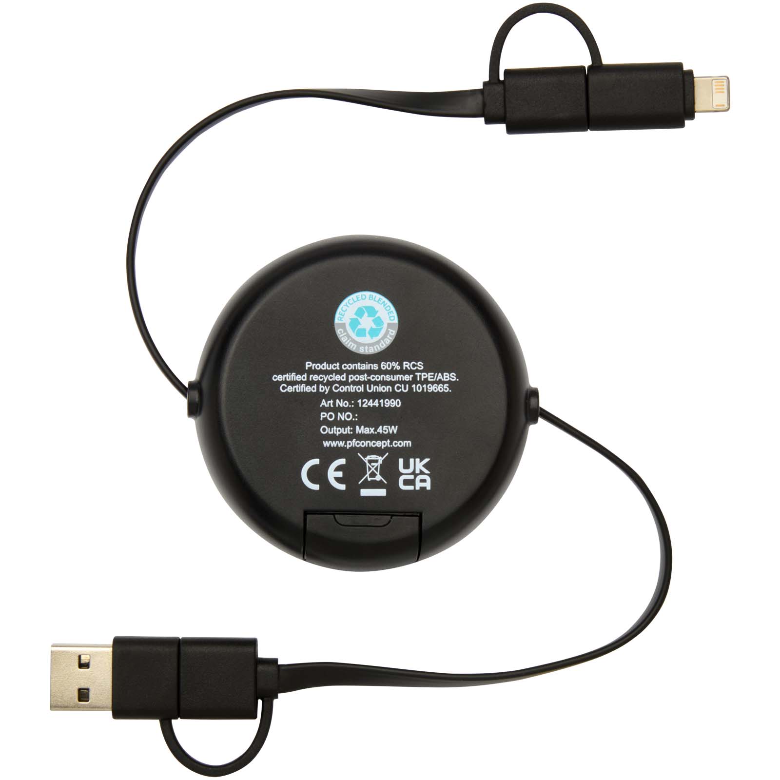 Chechia 100cm 5-in-1 Kabel aus recyceltem Kunststoff, einziehbar, für Datenübertragung und 45W Schnellladung mit Bambusdetail schwarz
