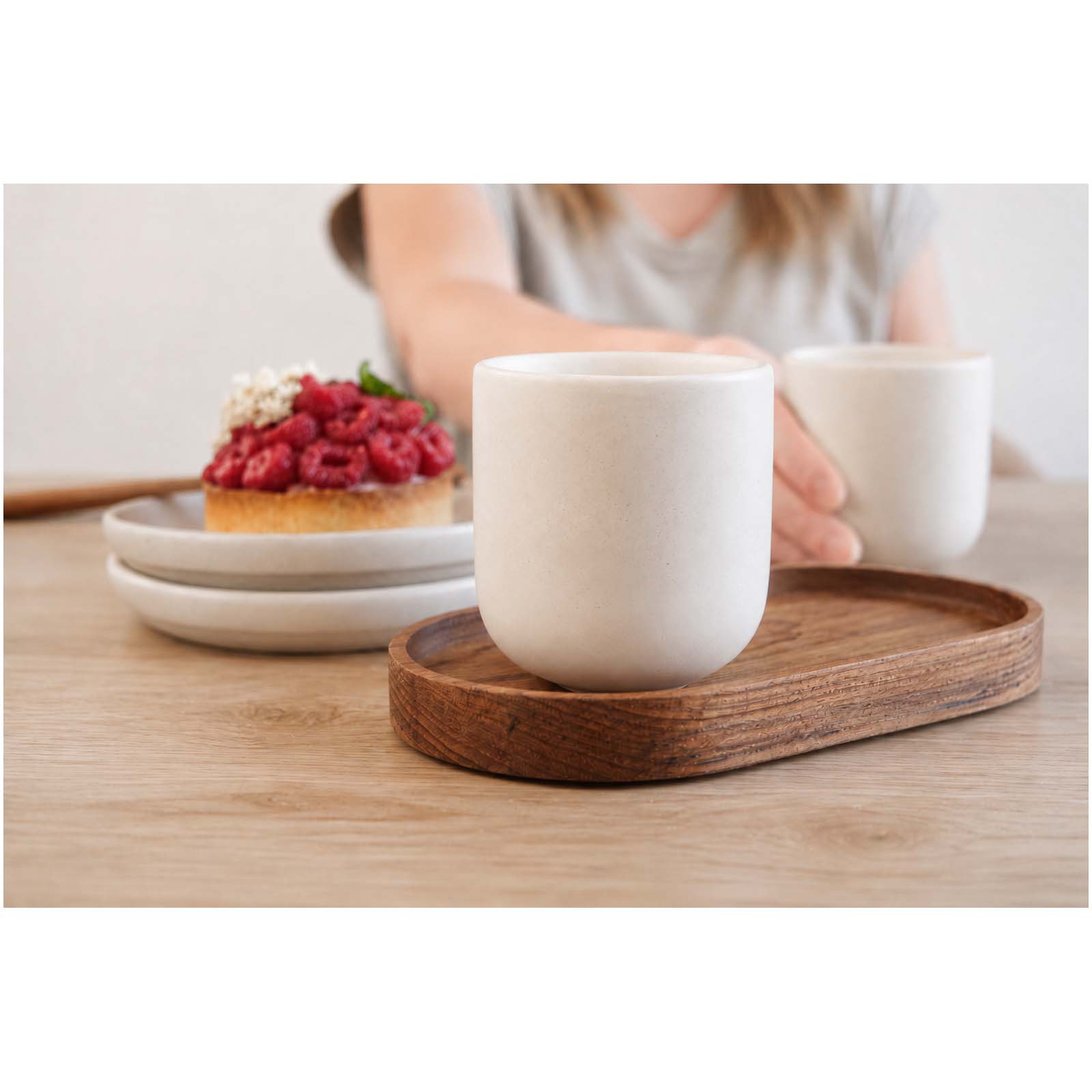Originalhome ovales Holztablett und 150 ml Keramiktassen Set holz