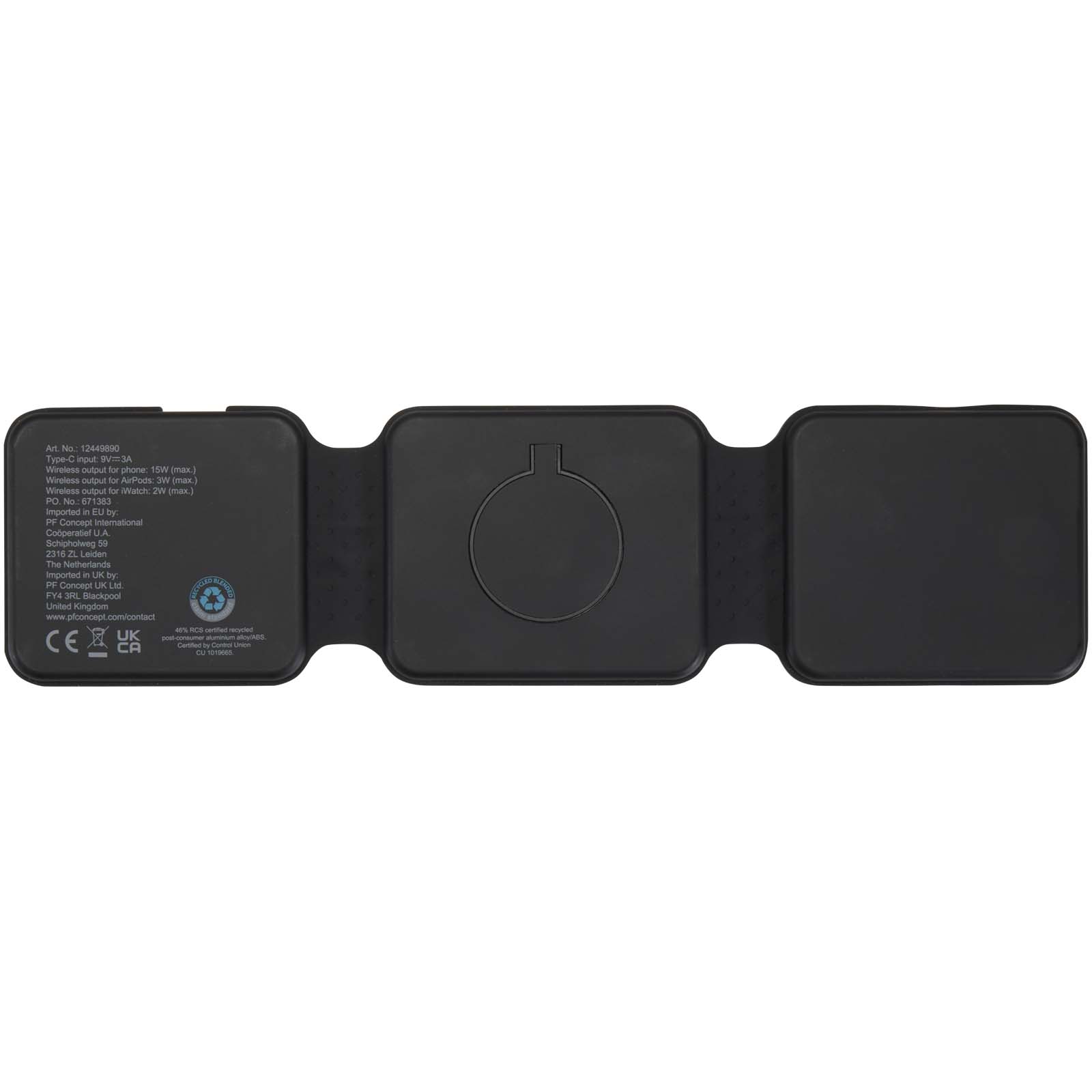 Armus 15 W 3-in-1 zusammenklappbares kabelloses Ladegerät aus recyceltem Kunststoff schwarz