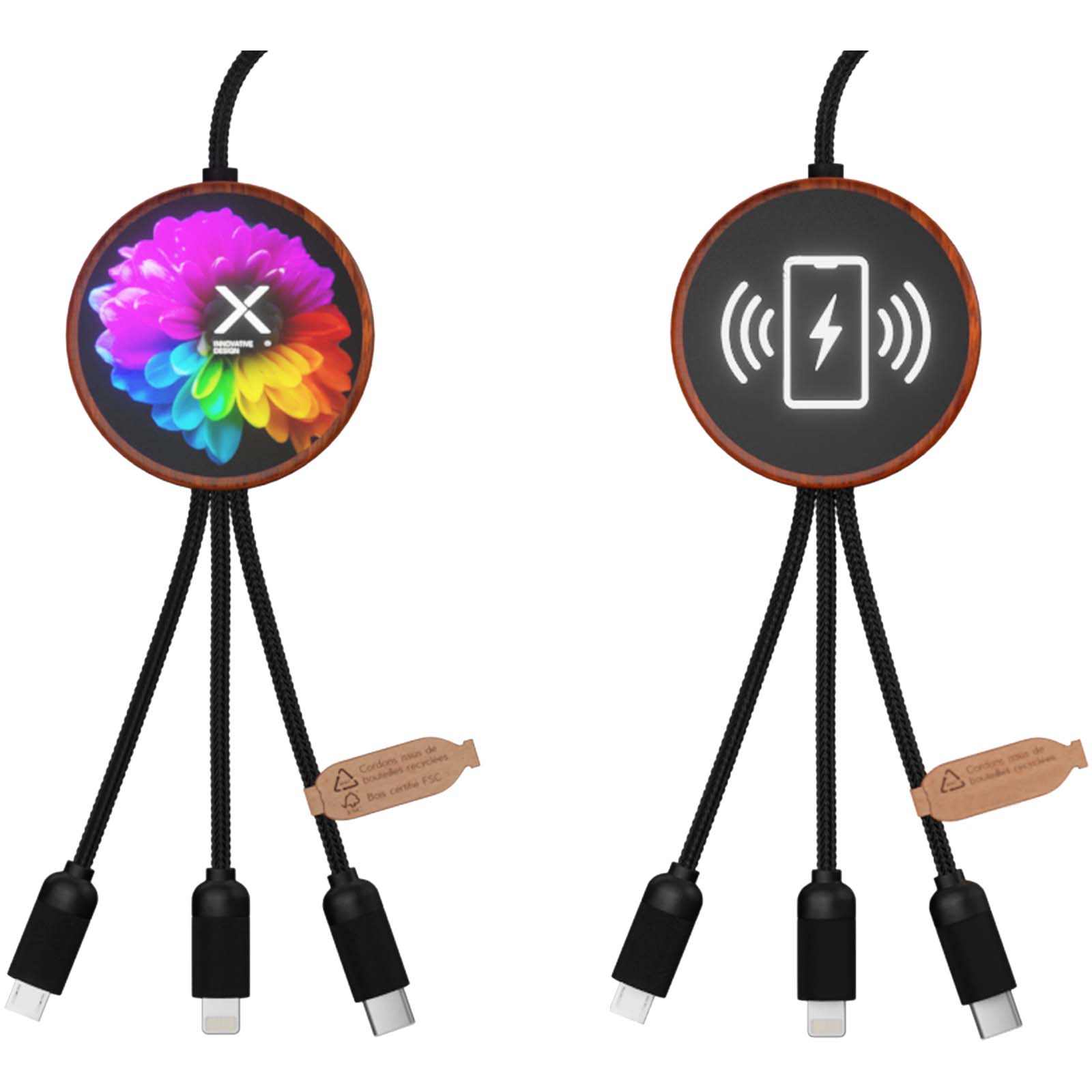 SCX.design C40 5-in-1 Ladekabel aus rPET mit 10W Ladepad und Leuchtlogo holz